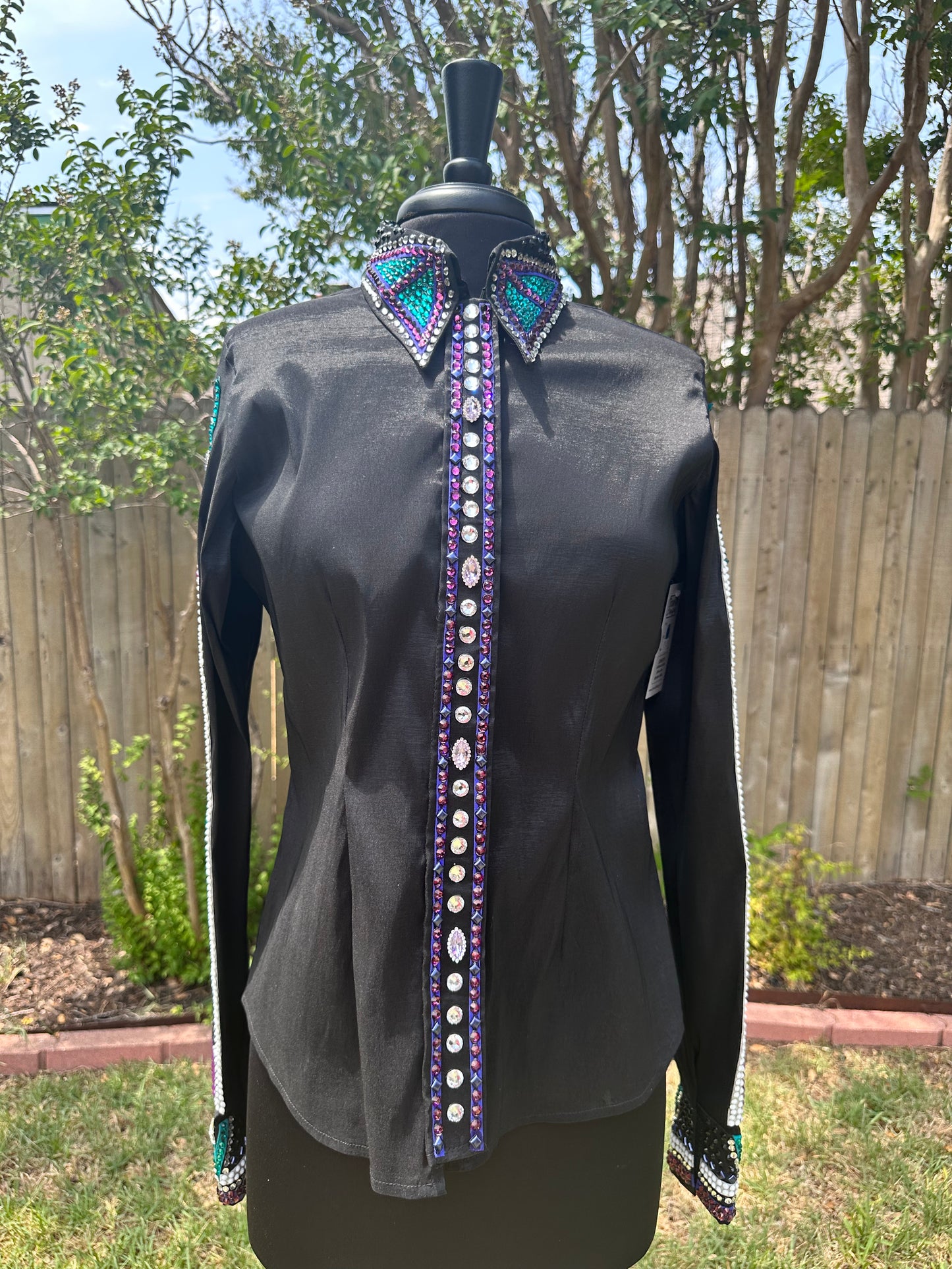 Size medium black stretch taffeta hidden zipper purples and teals