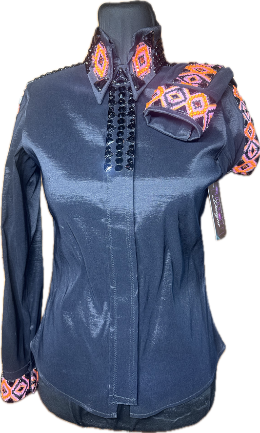 XS black stretch taffeta with bright orange and dark coral design