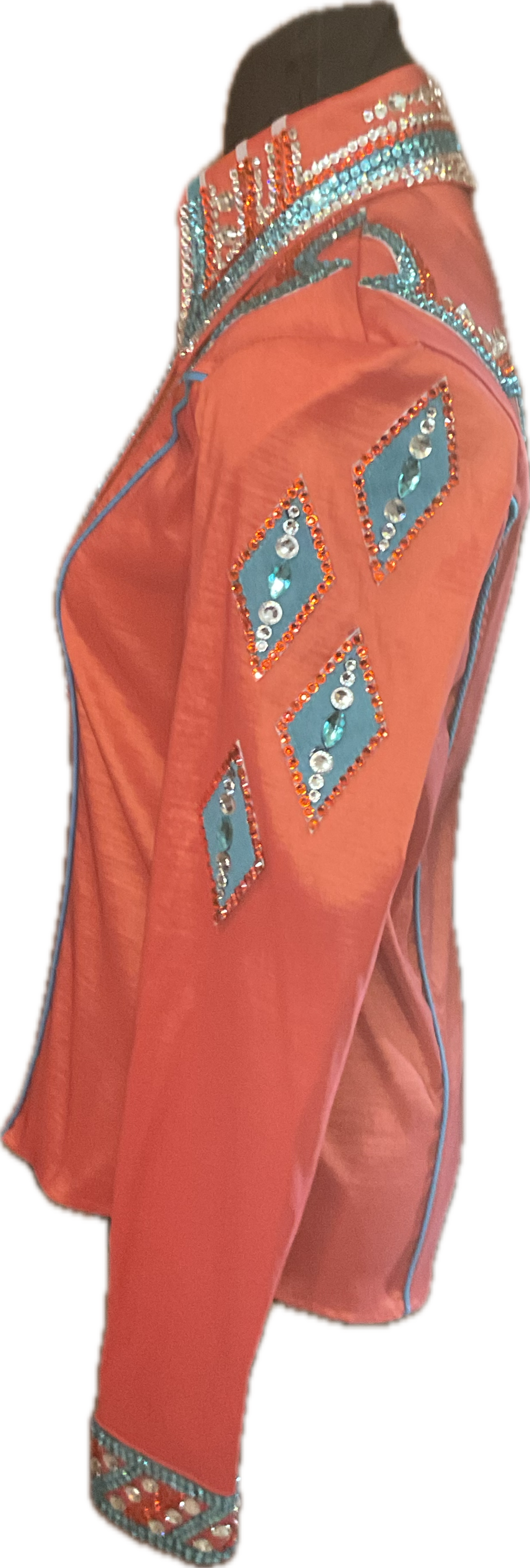 Size Medium Orange Stretch Taffeta Day Shirt with Aqua and Silver Details