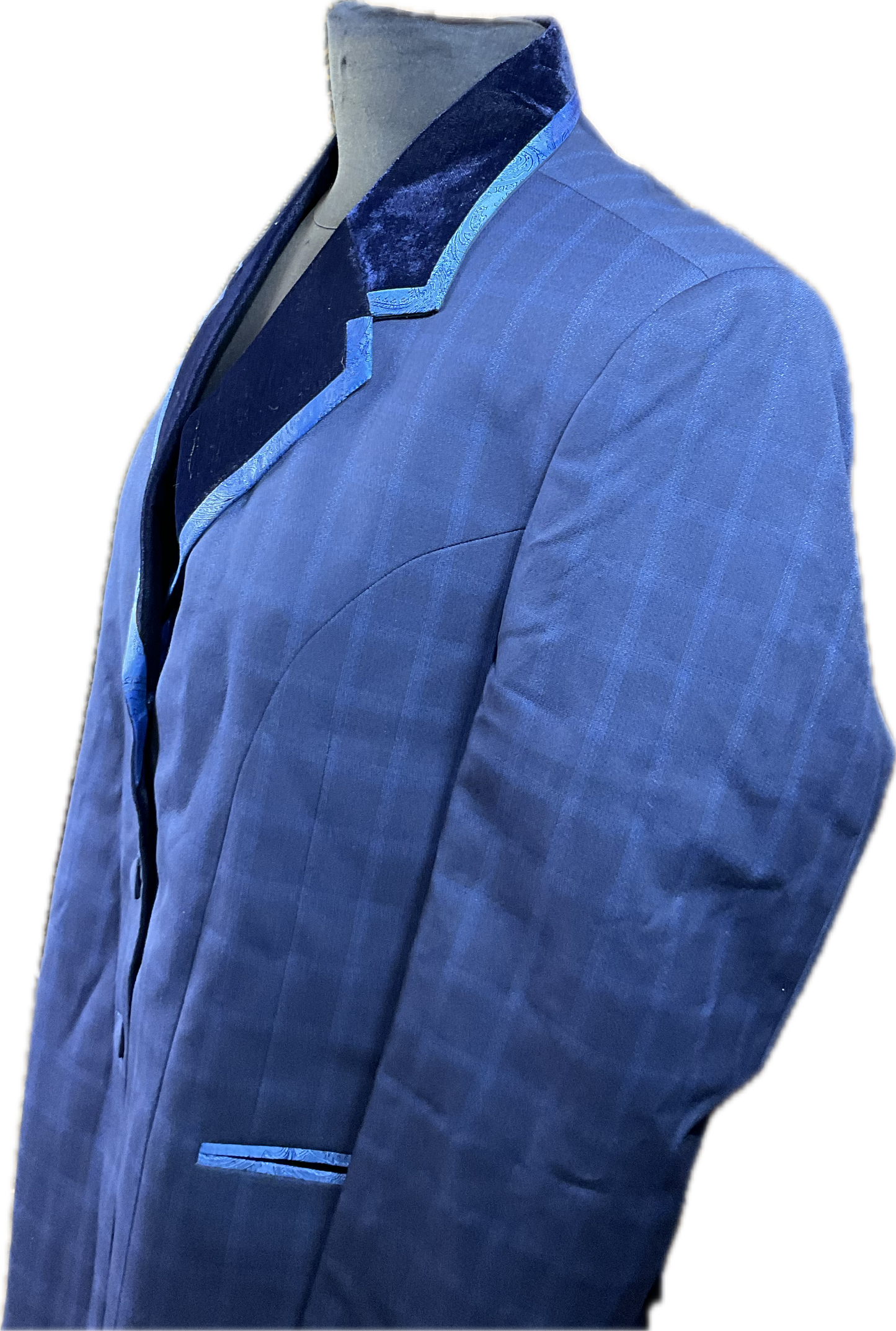 *44 Bust* Halter Coat* Navy and royal blue plaid with satin paisley trims. Hidden zipper behind the buttons.