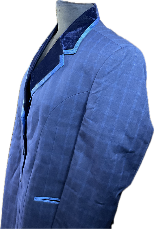 *44 Bust* Halter Coat* Navy and royal blue plaid with satin paisley trims. Hidden zipper behind the buttons.