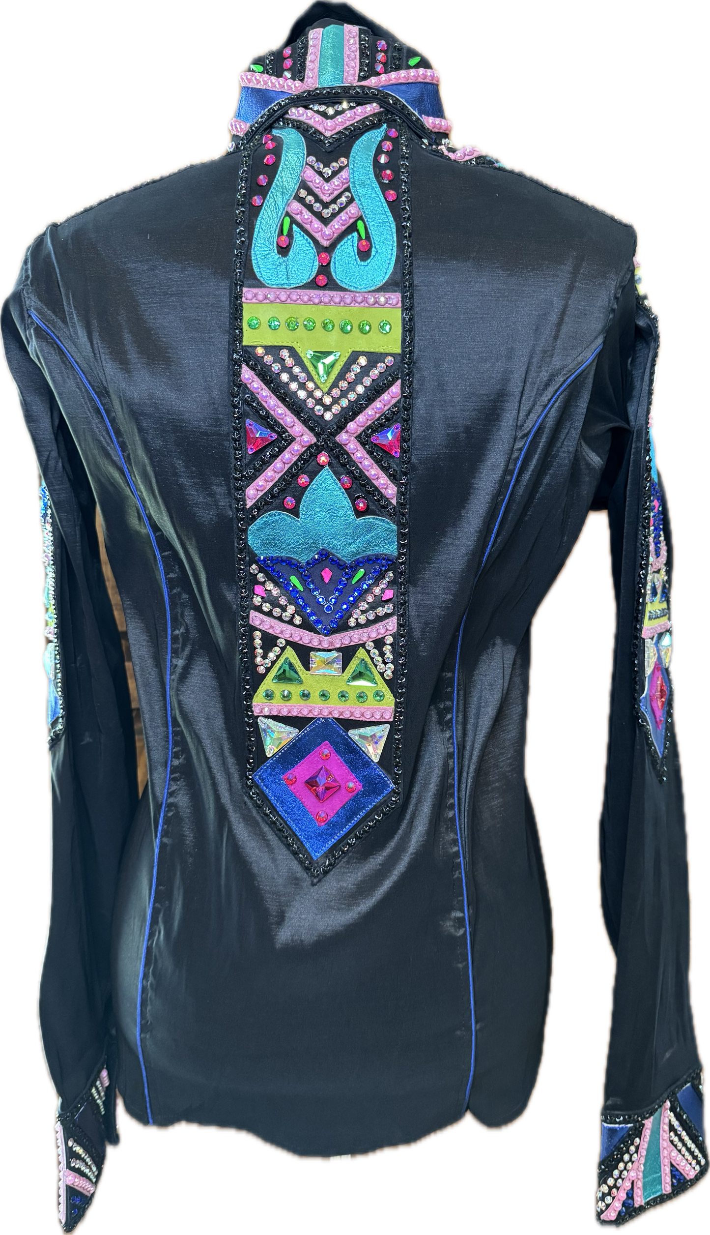 Large Black Stretch Taffeta with Turquoise, Pink, and Green Accents