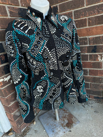 Size small black and teal stunner! Showmanship jacket that you can ride in too!