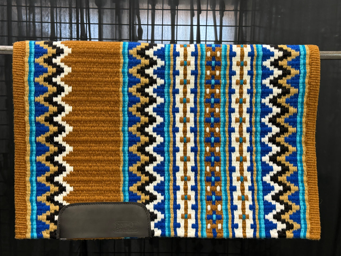 B592 Oversized Saddle Blanket Indian Tan, White, Sheep Skin, Royal Blue, Turquoise, Teal, Black