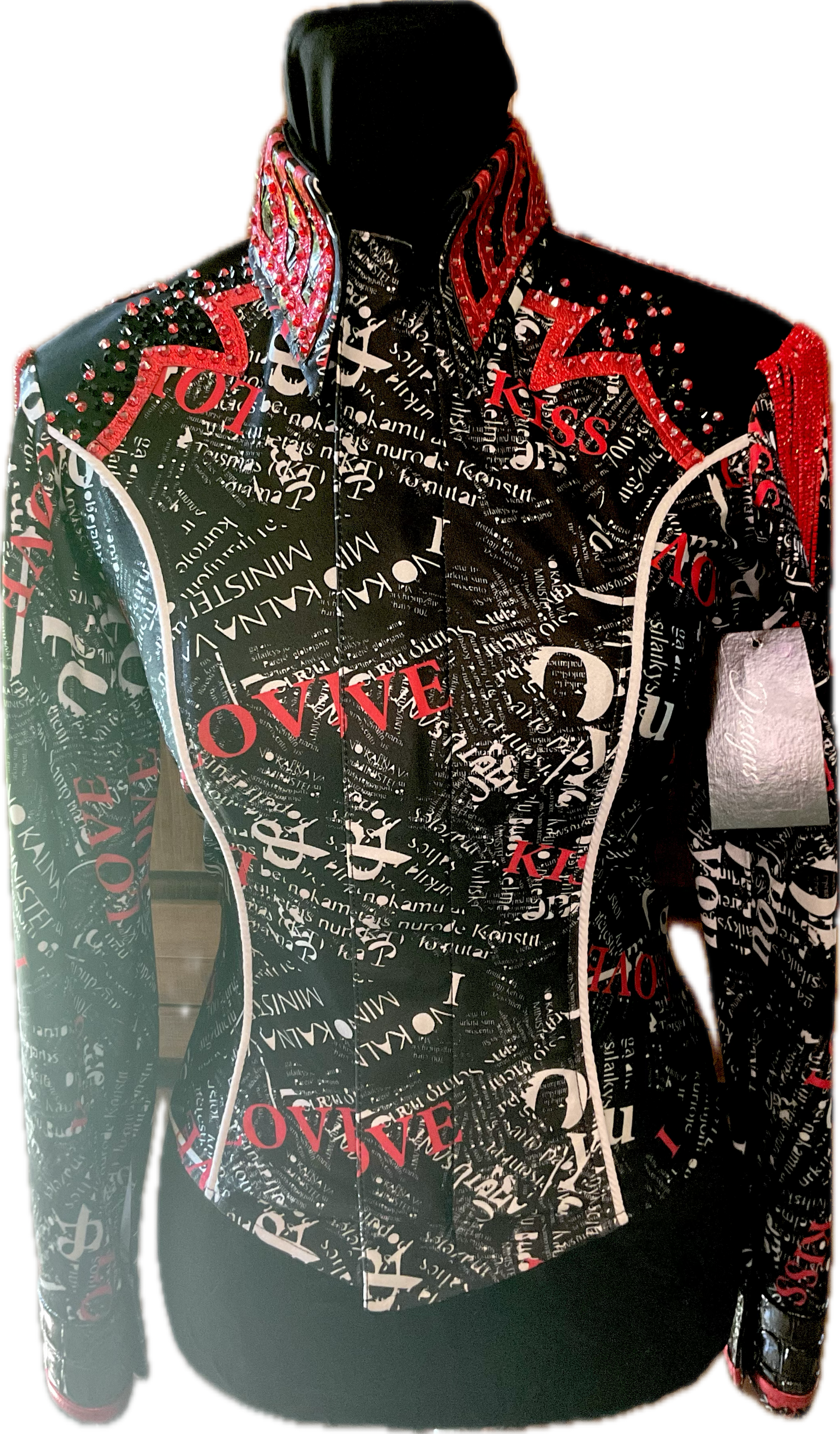 Kids 14 Black Stretch Lycra Day shirt with Red Fringe and White Details