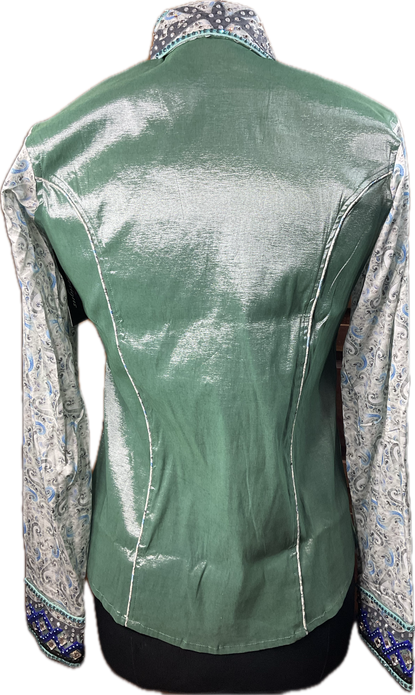 Medium sage green stretch taffeta with printed paisley sleeves and royal blue accents