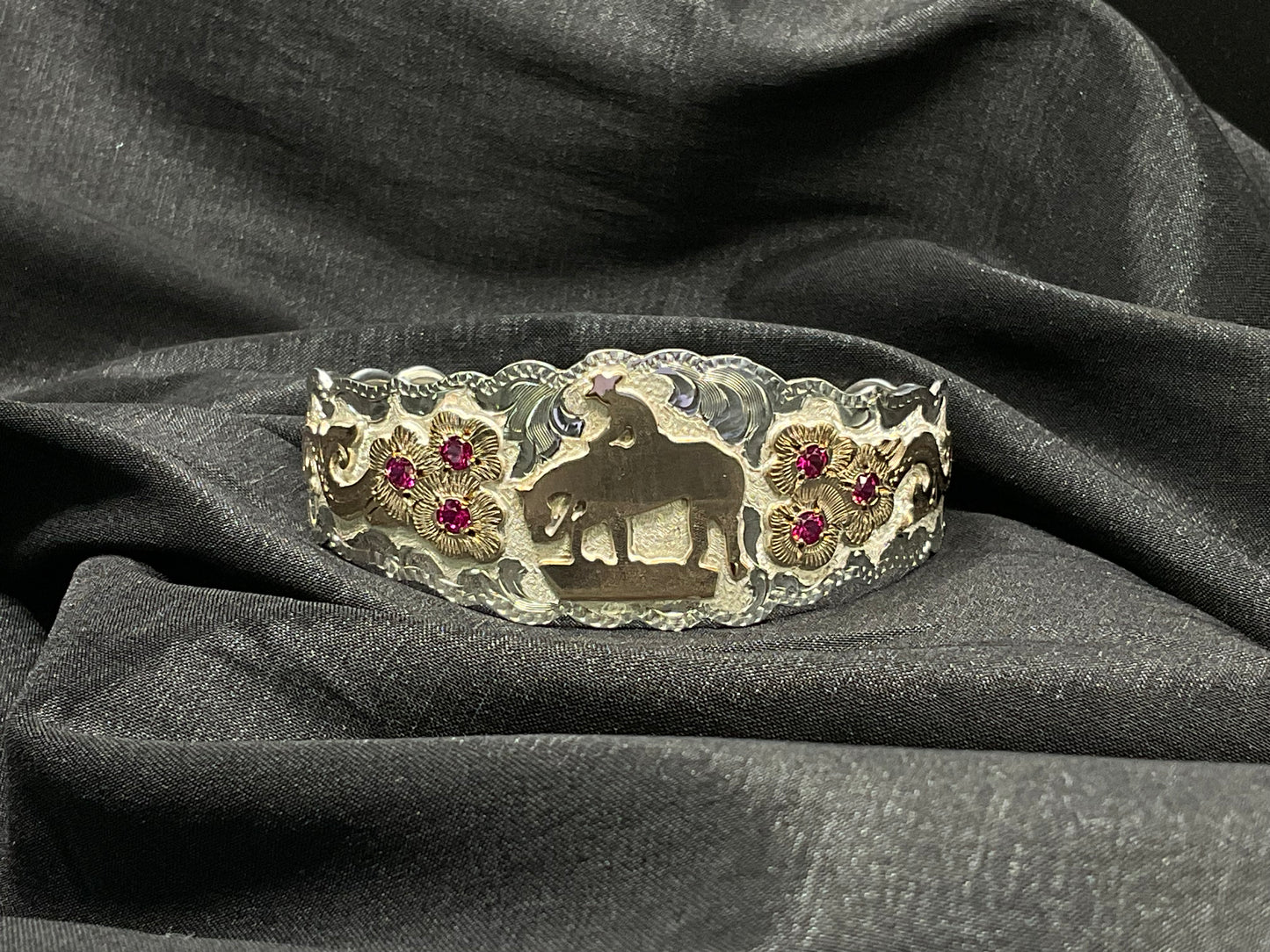 Silver By Wanda Bracelet Cuff Trail horse with pink CZ stones in floral design