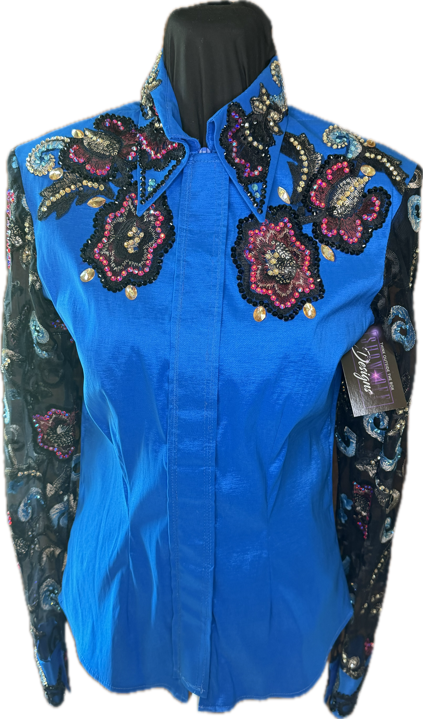 Medium Show Turquoise and Floral Stretch Taffeta Day Shirt with Sheer Sleeves