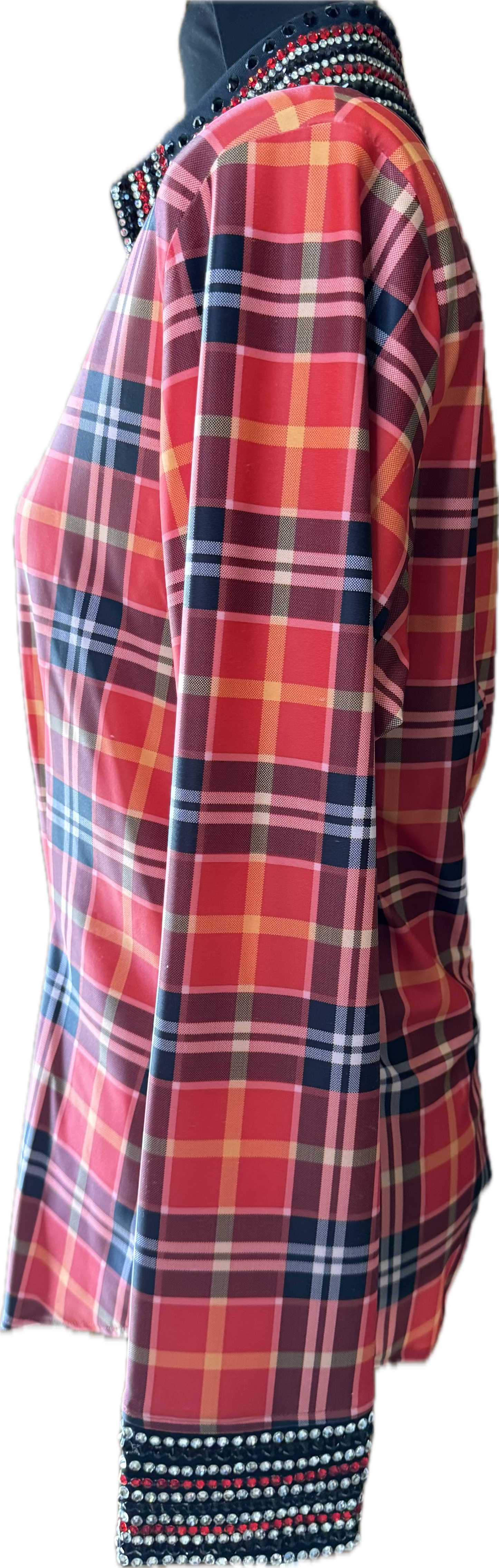 Large day shirt black and orange plaid lycra day shirt with crustal accents