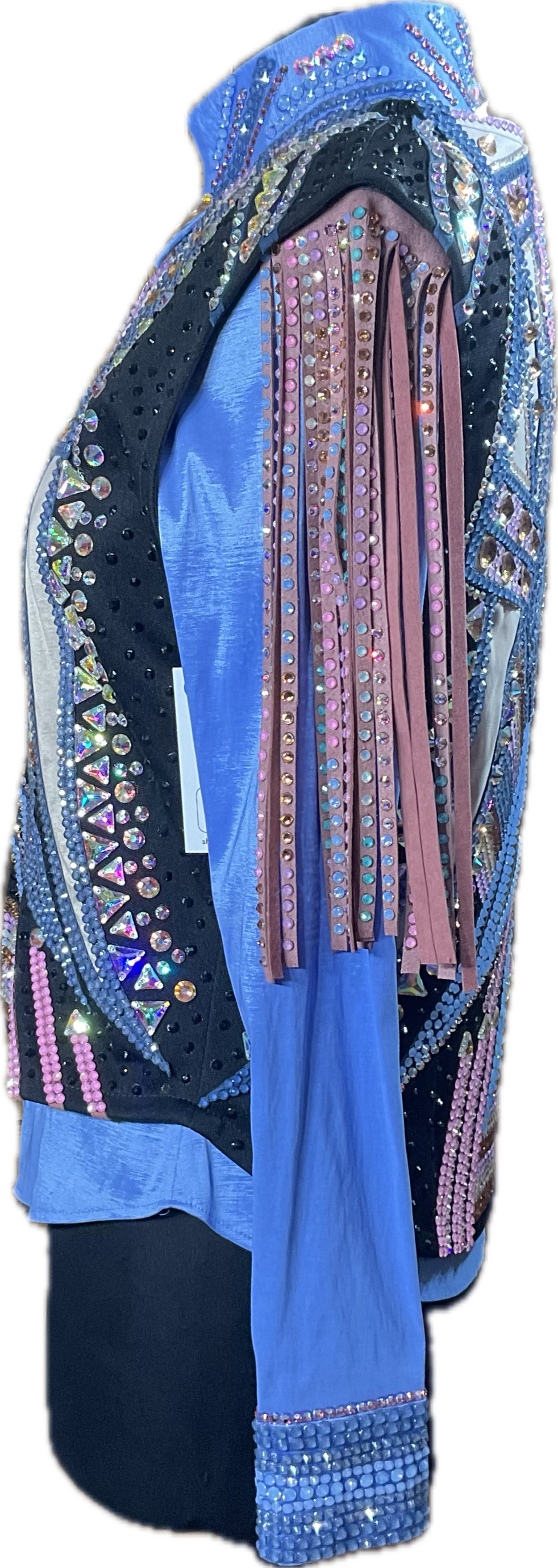 Size medium vest set with periwinkle stretch taffeta matching shirt. Detachable fringe. Pink, blues, cream and gold accents