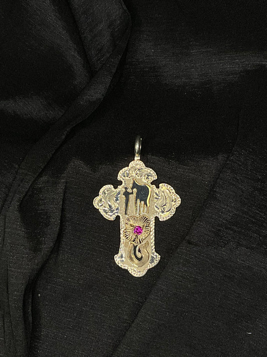 Silver By Wanda #2A P395ITR SHOWMANSHIP with gold floral design and red CZ stone on a gorgeous cross