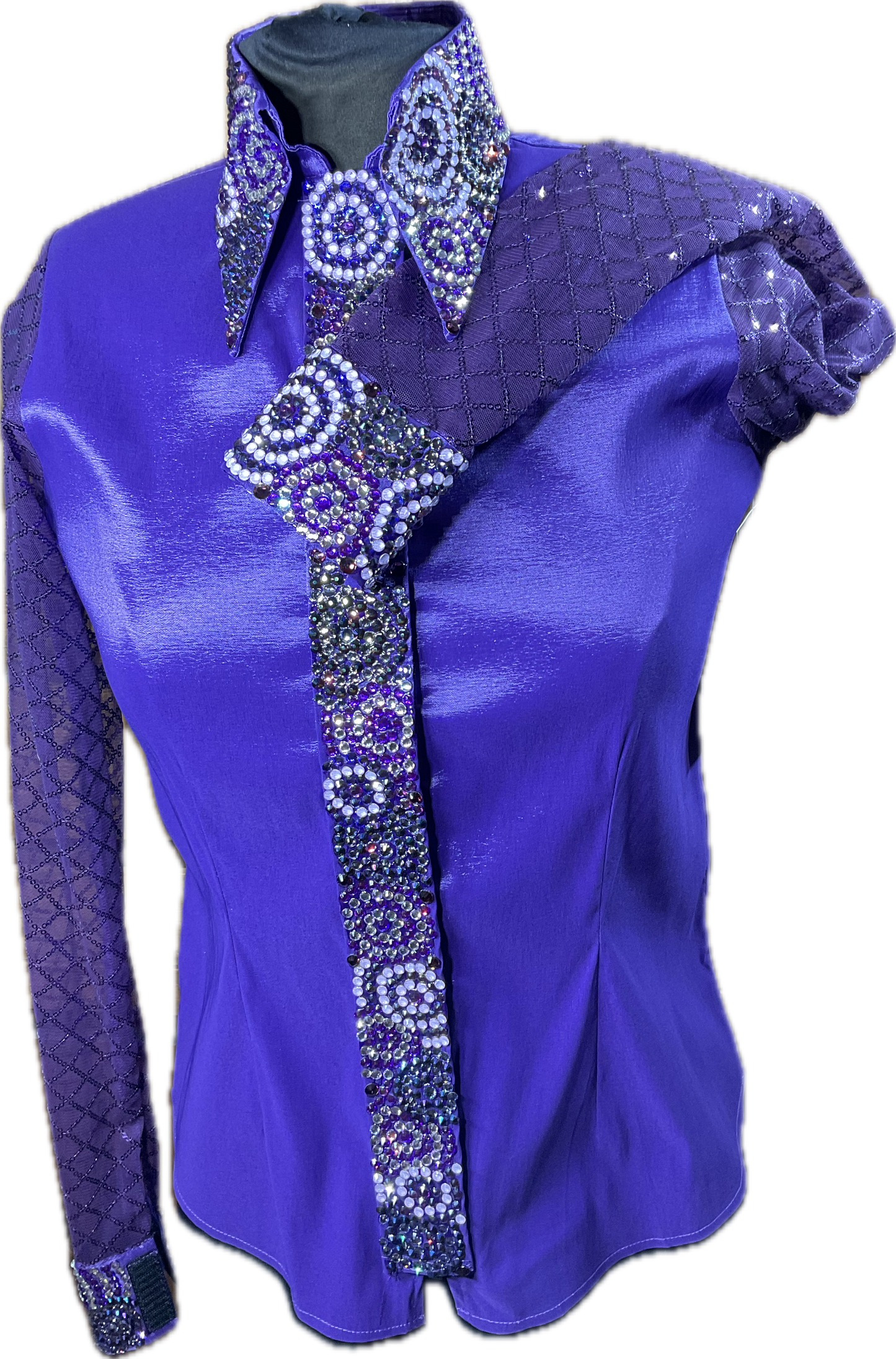 Small purple Stretch Taffeta with freehanded crystal designs and sheer sleeves