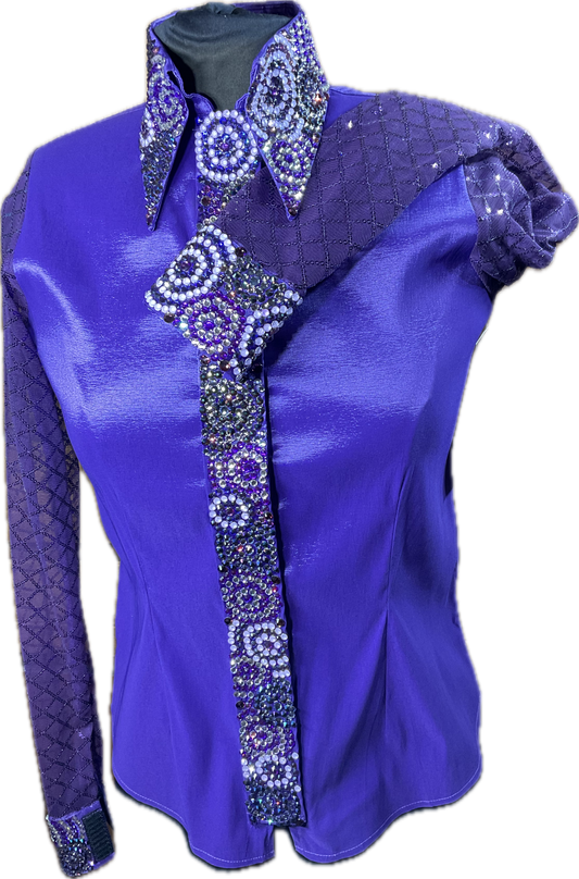 Small purple Stretch Taffeta with freehanded crystal designs and sheer sleeves