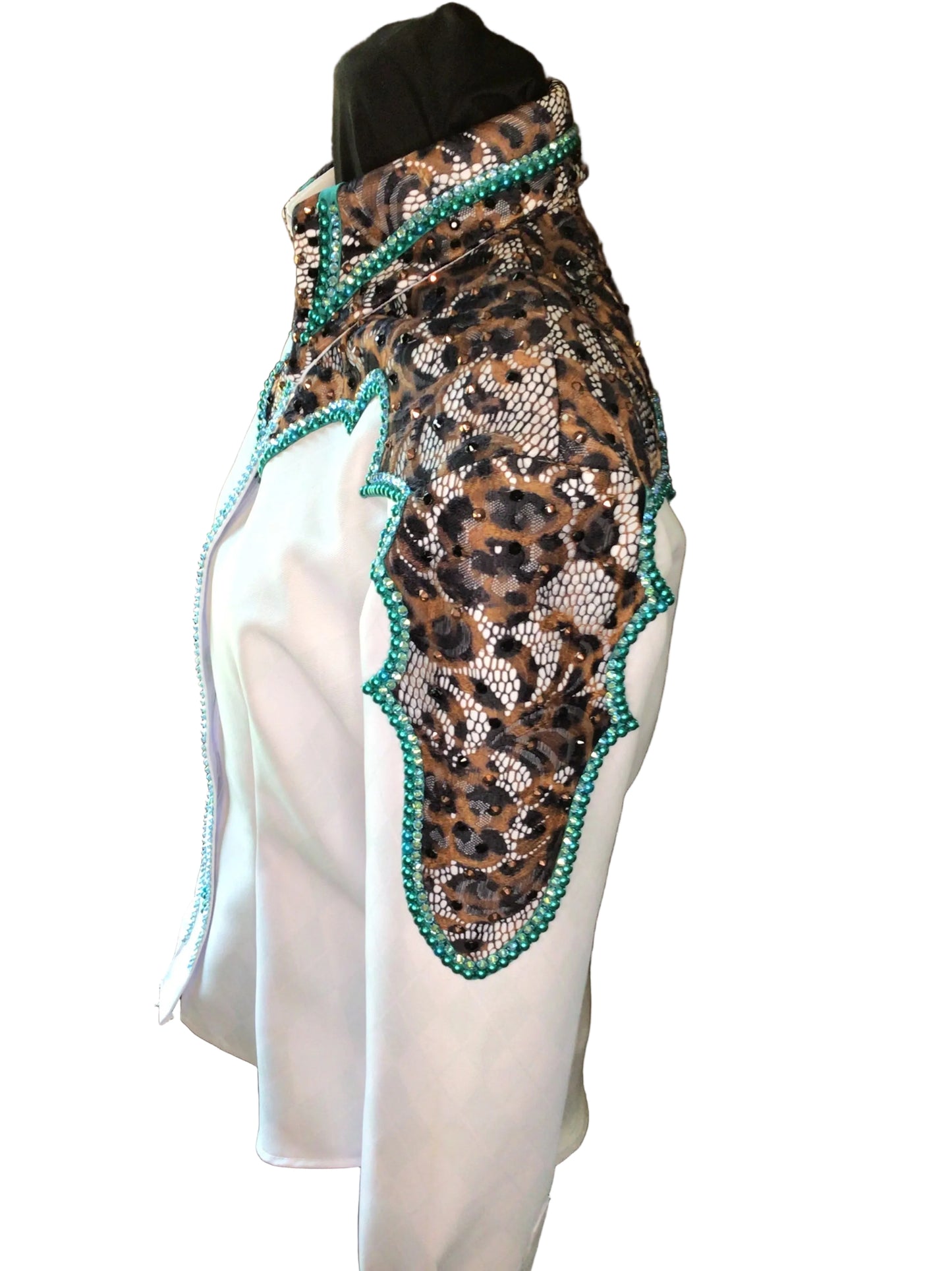 Small White and Cheetah Yoke Design. CowboyCouture Fabric for the body. Moisture wicking!