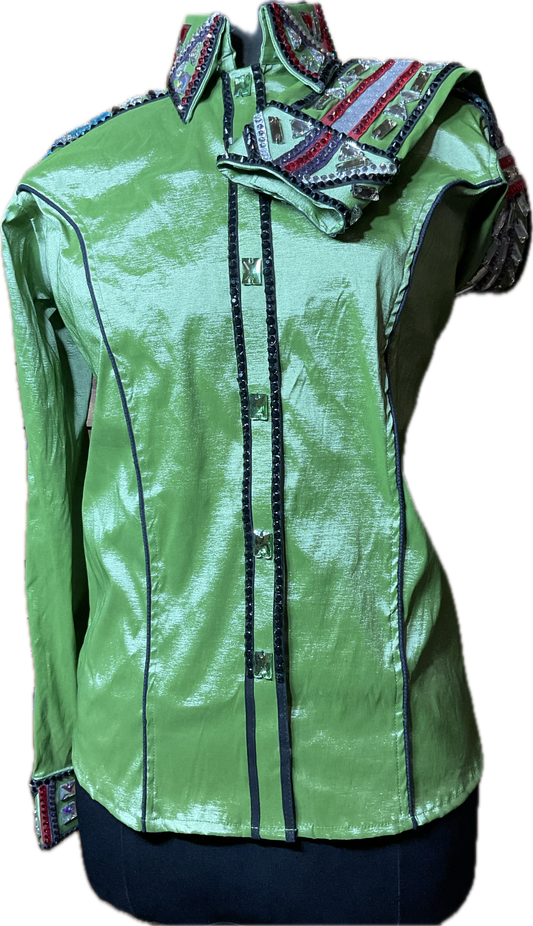 Size Large Avocado Green Stretch Taffeta Day Shirt with black, red and aqua accents