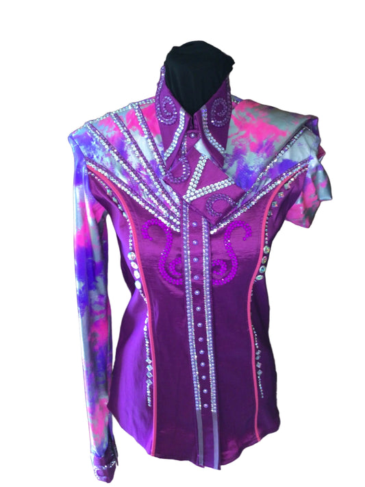 Small Dark Rose Stretch Taffeta with Pink and Purple Printed Design and Sleeves