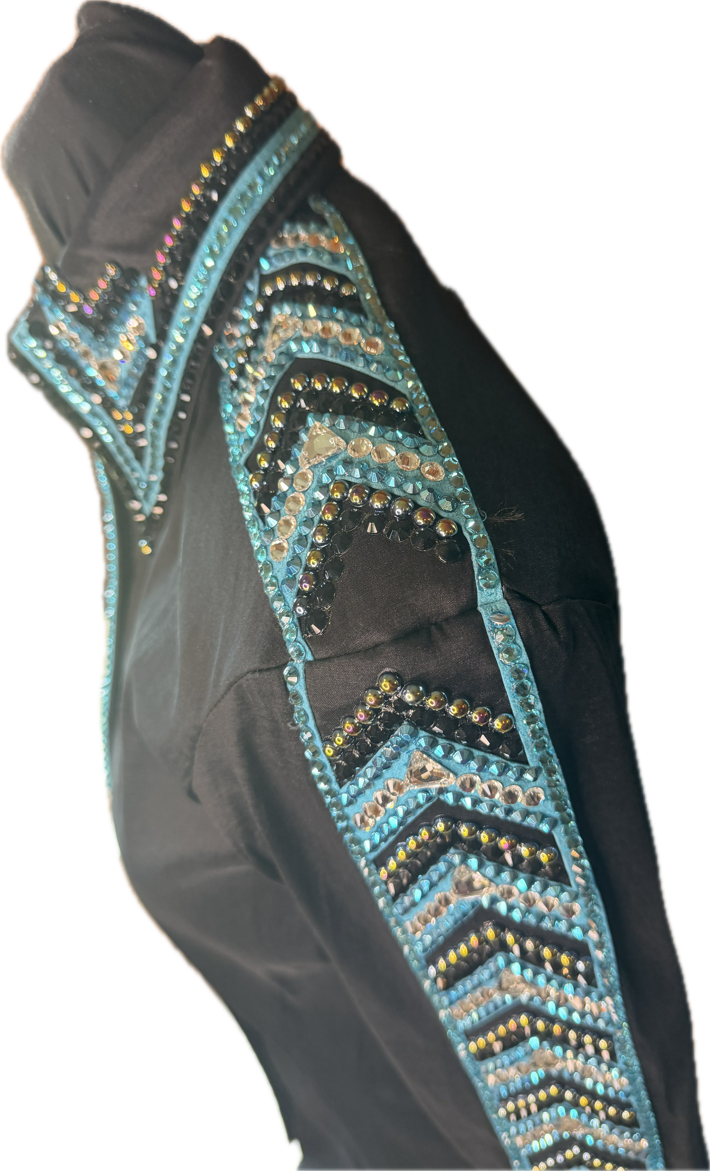 Size Small Black Stretch Taffeta With Aqua Blue and Clear Crystals