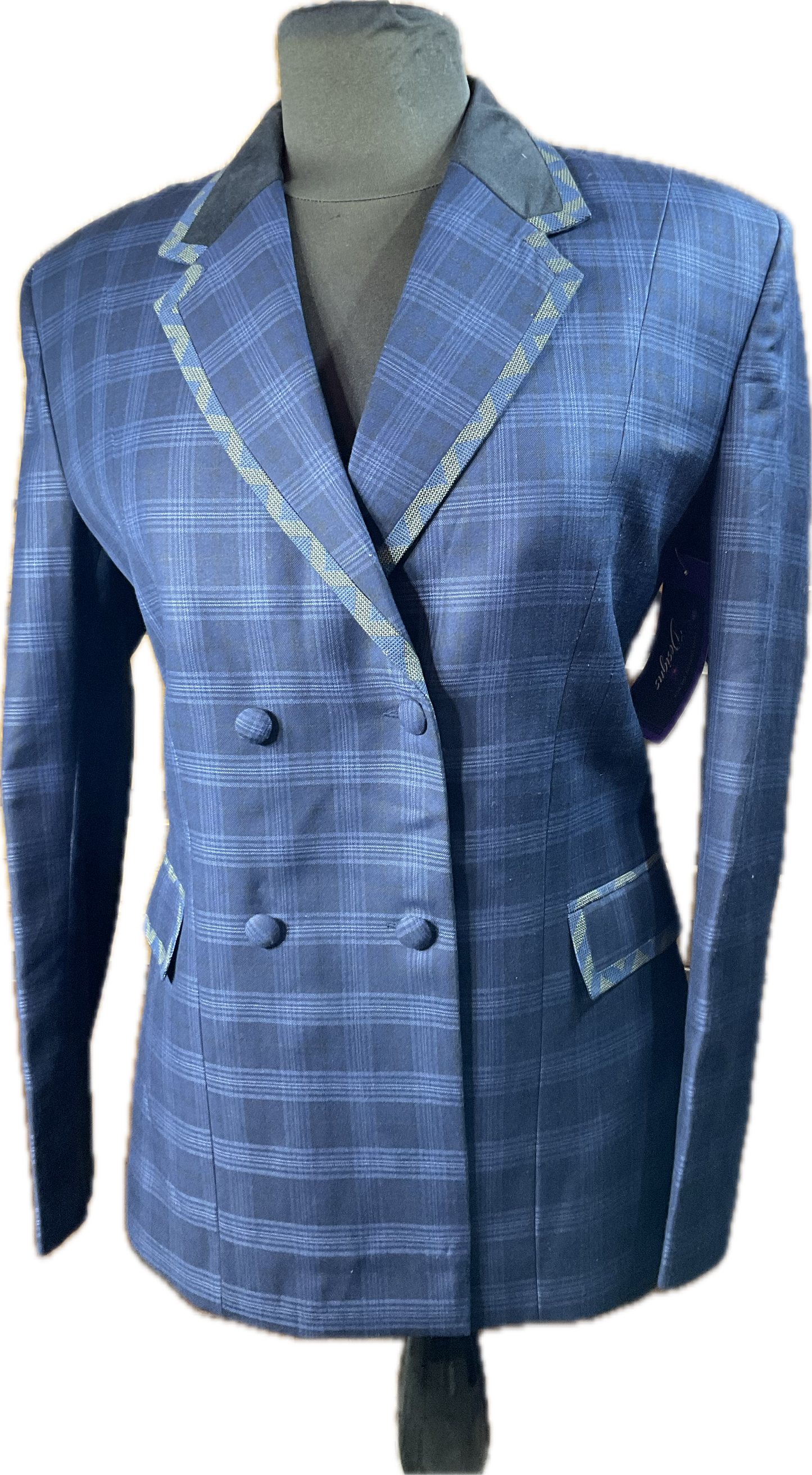 *37 Bust* Halter Coat* Navy plaid, velvet collar and matching print trims with hidden zipper behind the buttons.