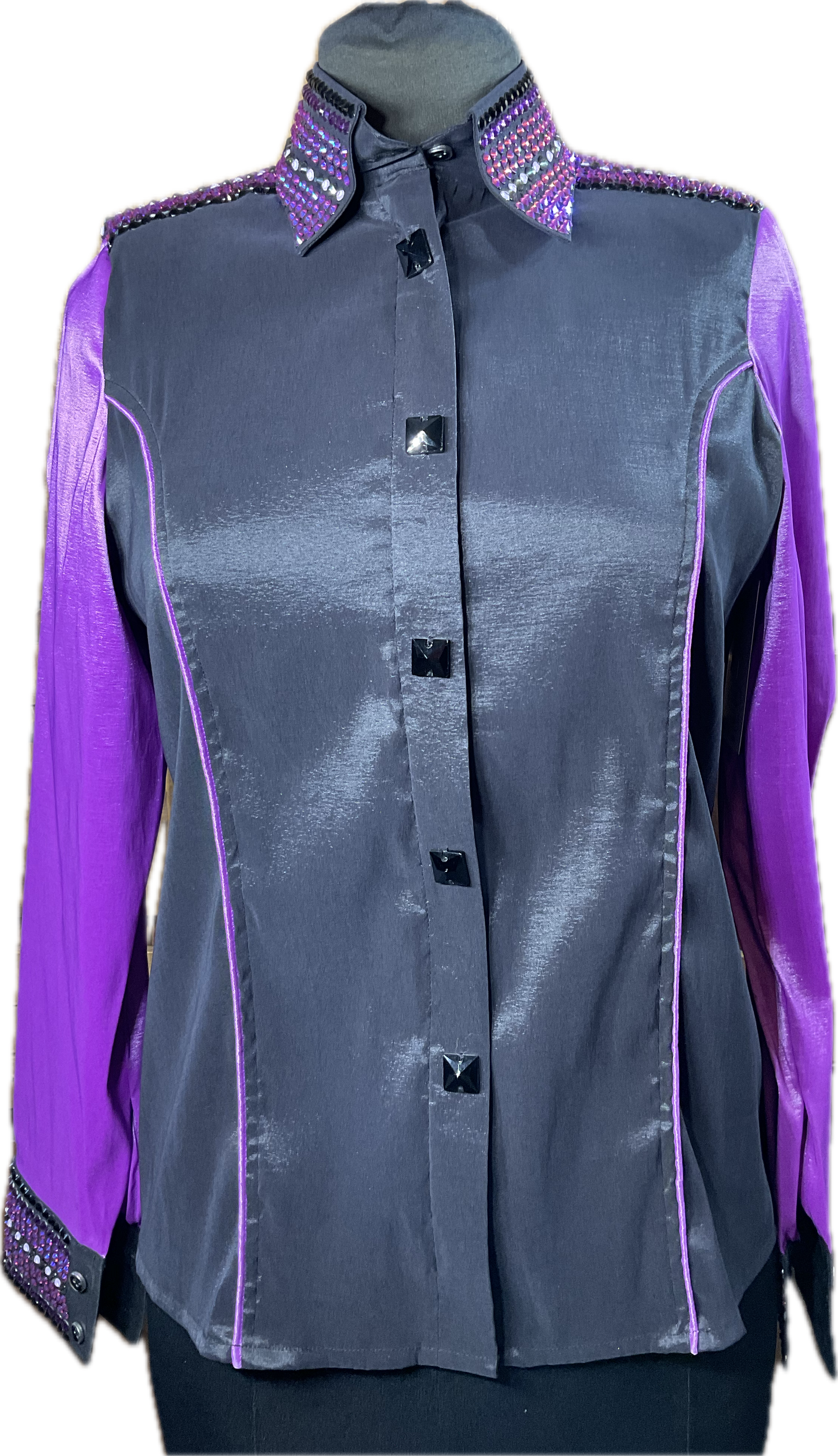 Medium black stretch taffeta day shirt with purple sleeves