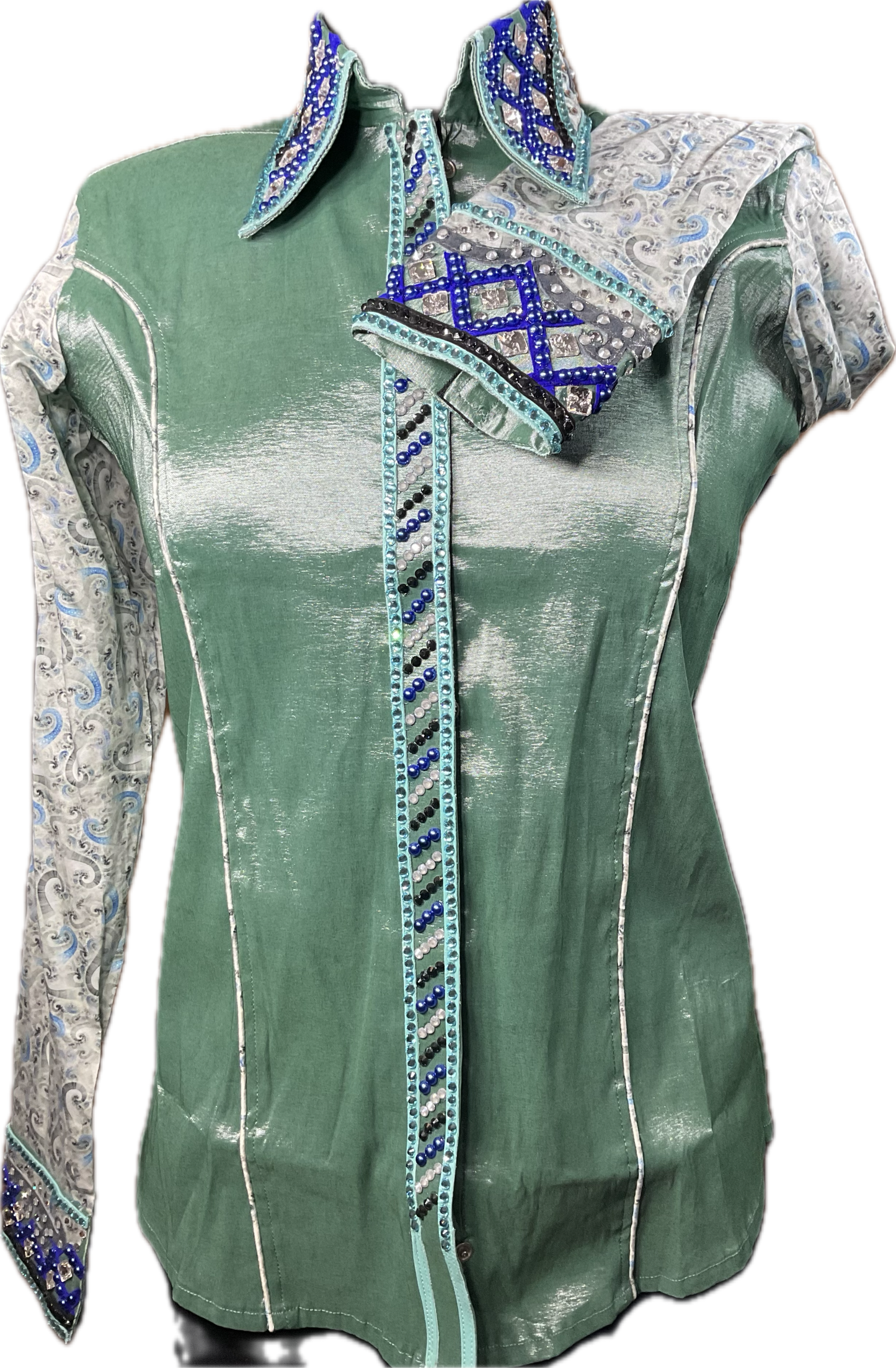 Medium sage green stretch taffeta with printed paisley sleeves and royal blue accents