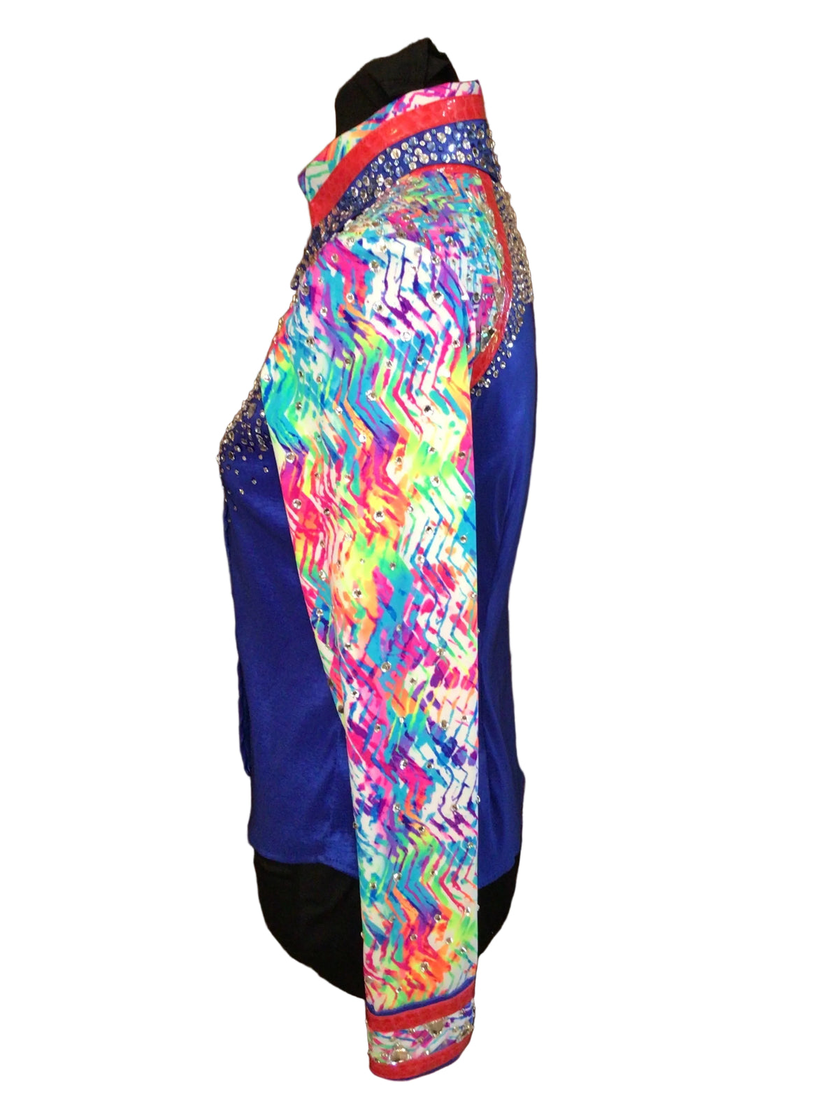 XS Royal Blue Stretch Taffeta Day Shirt with Colorful Print Details