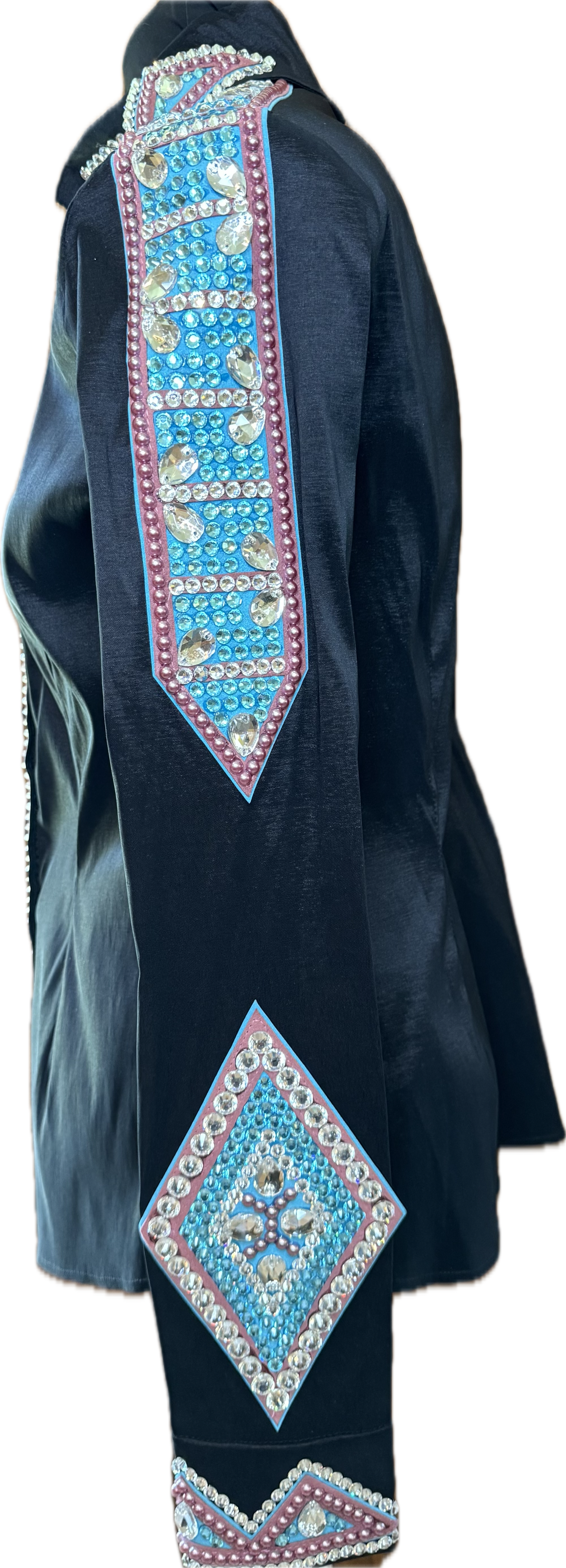 Size Medium Black Stretch Taffeta with Mauve and Aqua Accents