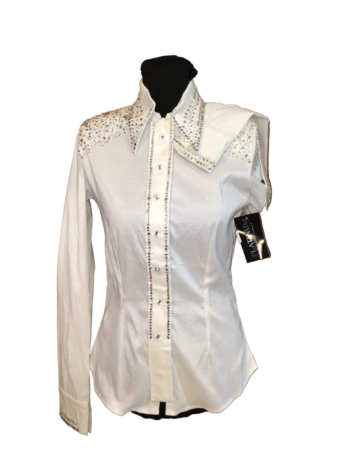 Small White Stretch Taffeta Day Shirt with Silver Rhinestone Fringe Sleeves