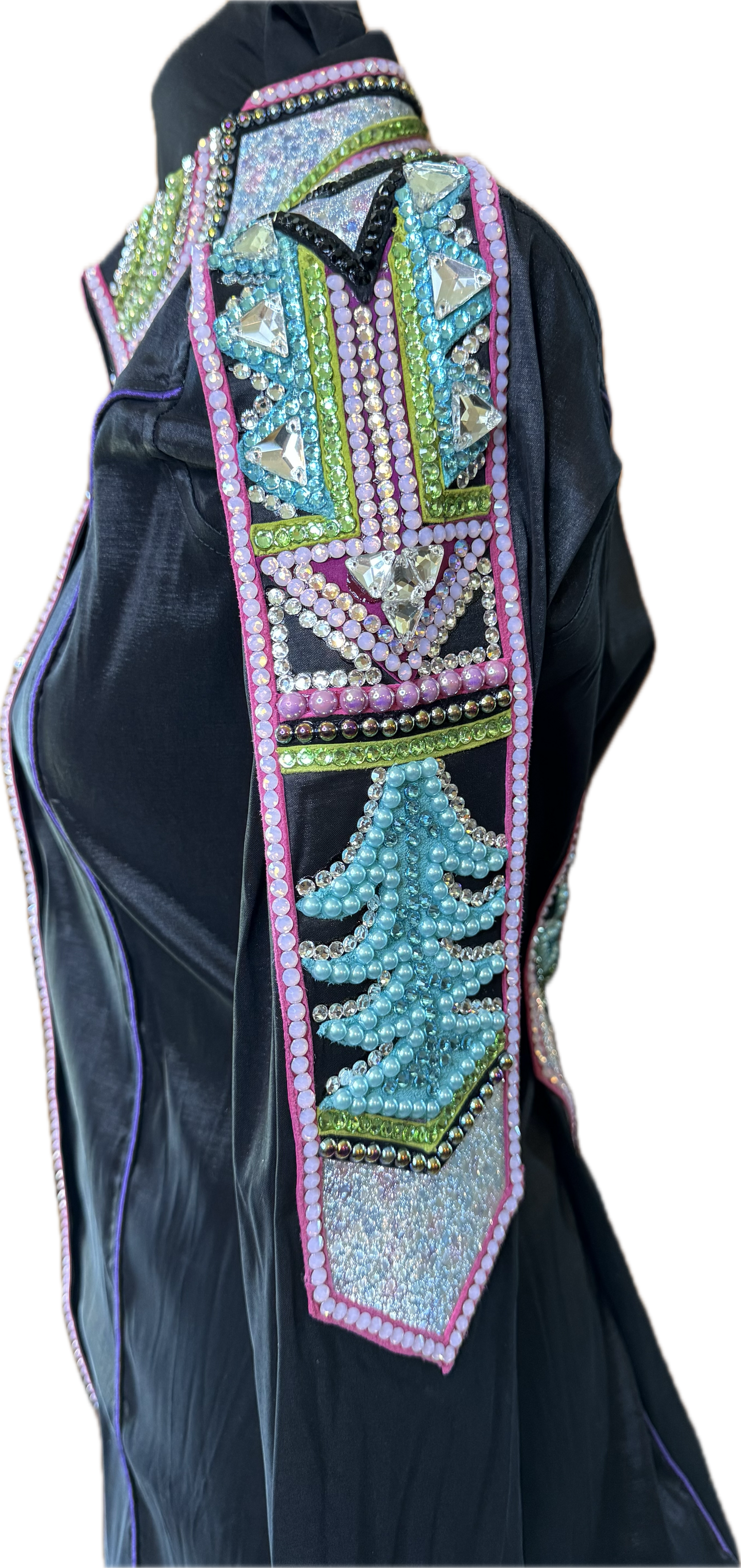 Size Medium Black Stretch Taffeta with Pink, Silver and Green Accents