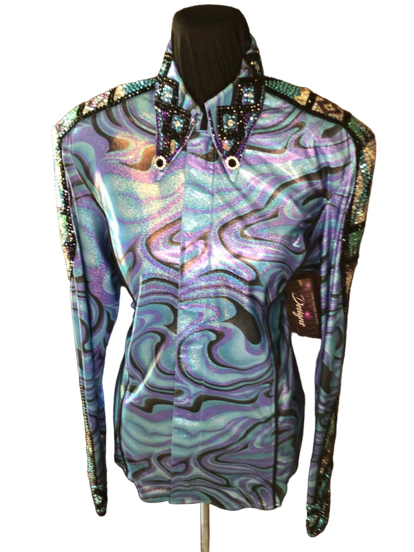 XL Blue and Purple Stretch Lycra Printed Day Shirt. Black and Clear Crystal Accents