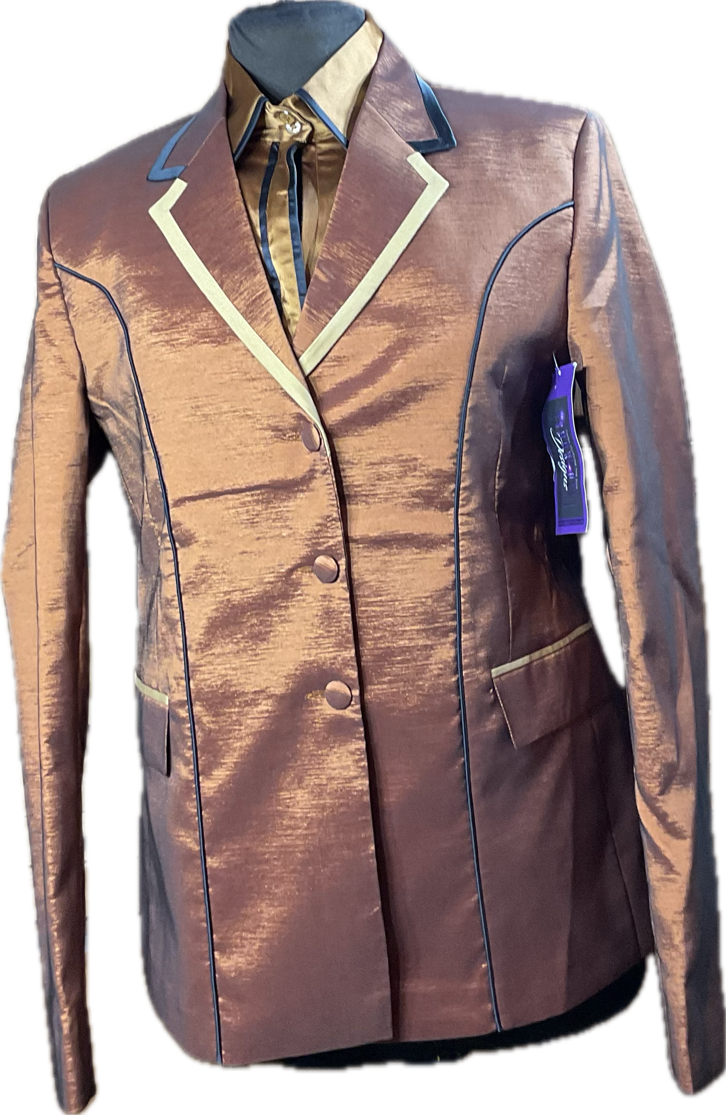 *38 Bust* Rust stretch taffeta with black and gold trims. Matching shirt with hidden zippers