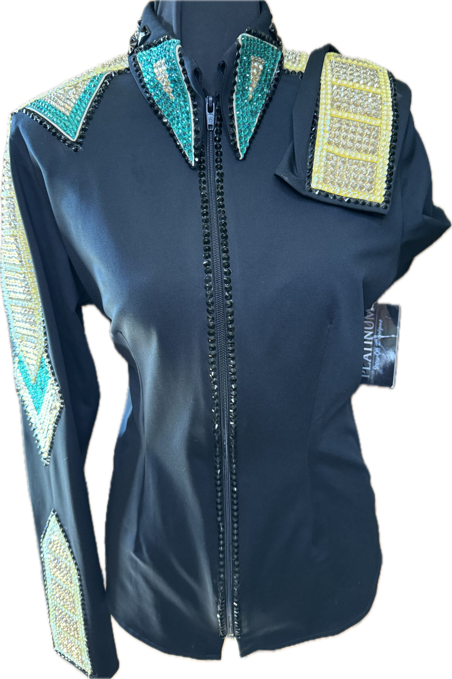 Size Large black stretch day shirt with yellow and teal