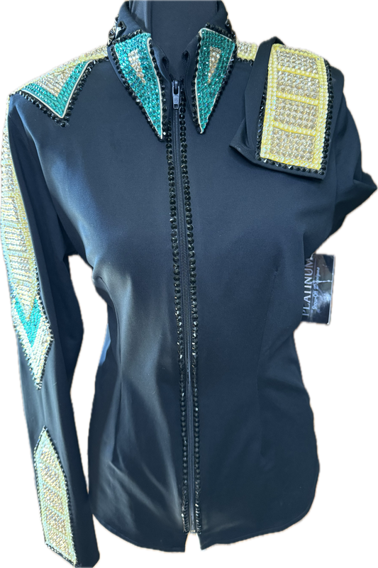 Size Large black stretch day shirt with yellow and teal
