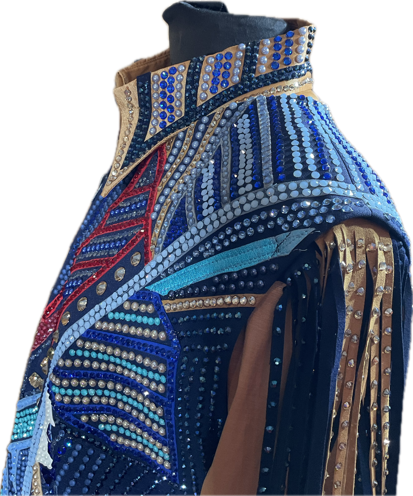 Size XXL navy vest with dark gold matching shirt and detachable fringe. Shades of blue, red, white, turquoise and gold accents