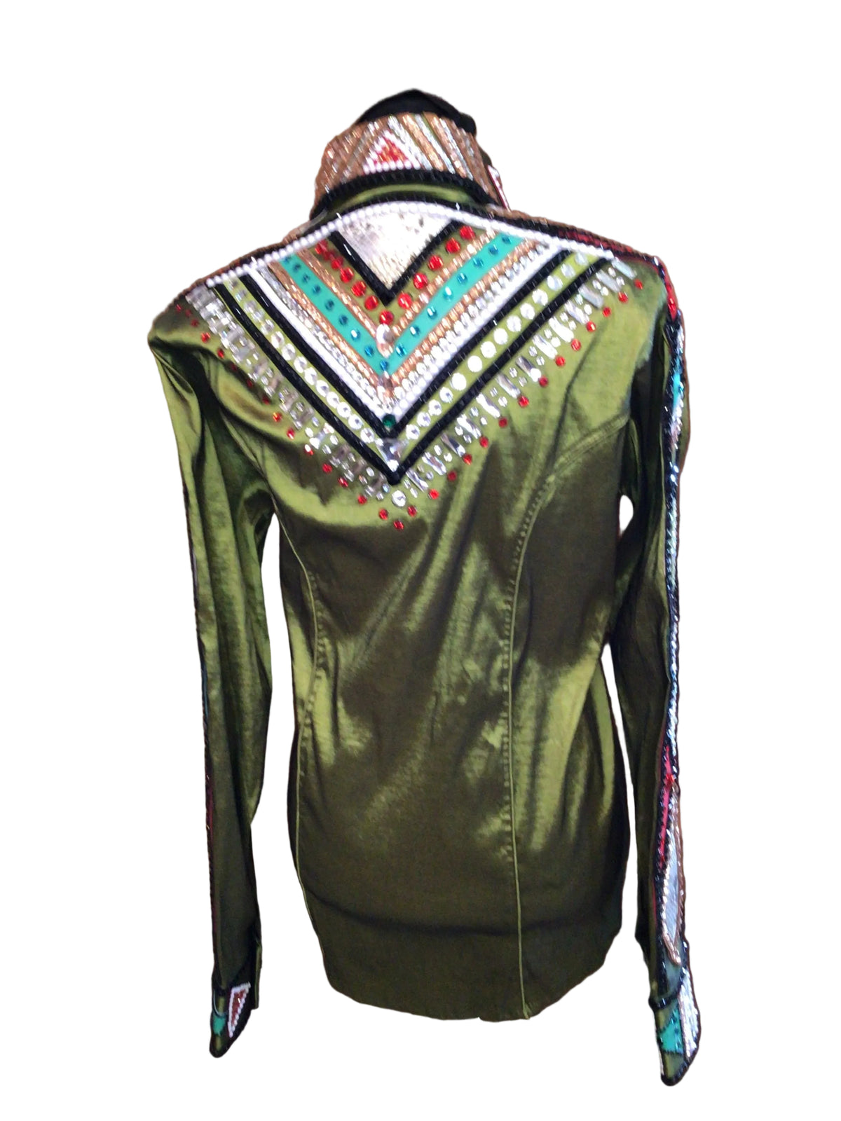 XL Green Stretch Taffeta Day Shirt with Multicolored Shoulder and Arm Detail