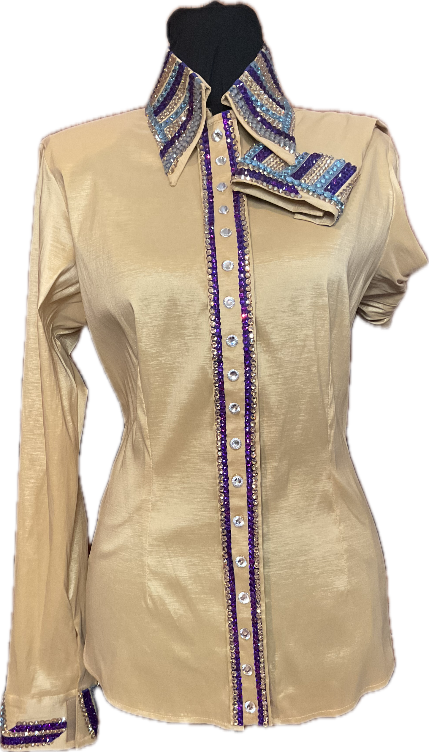 Size Medium Gold Stretch Taffeta Day Shirt with Aqua, Purple, and Silver