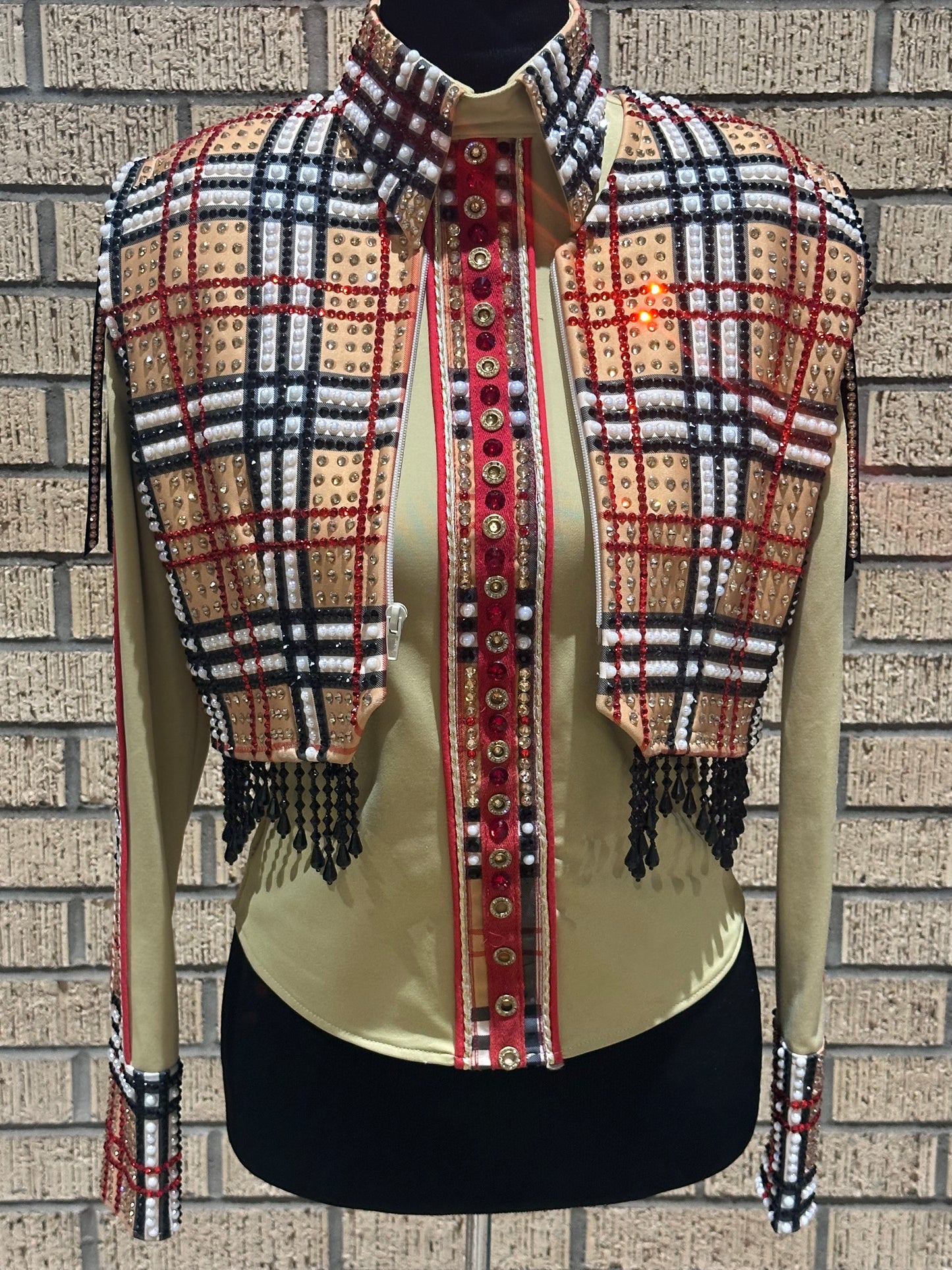 Extra Small Gold, and red plaid Bollero Vest WITH DETACHABLE FRINGE. back fringe and bottom fringe