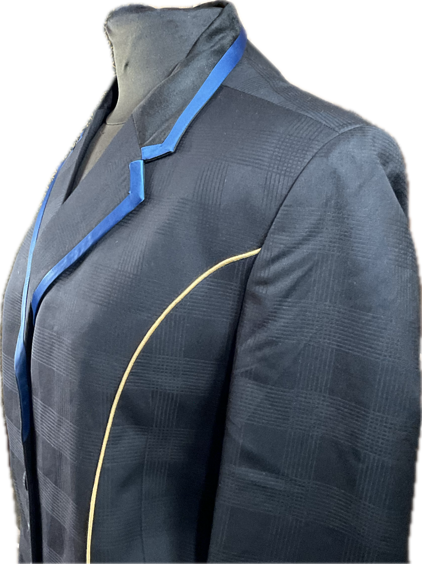 *40 Bust* Halter Coat* Black plaid with blue and gold trims with hidden zipper behind the buttons.