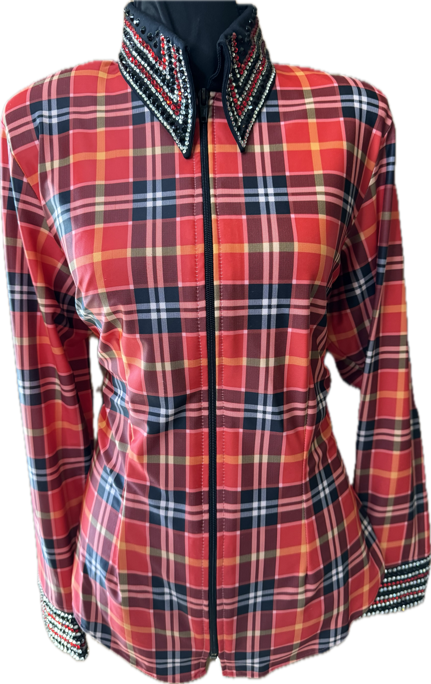 Large day shirt black and orange plaid lycra day shirt with crustal accents