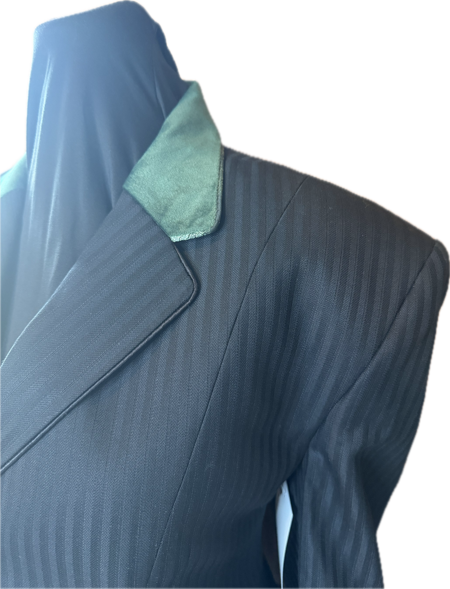 *38 Bust* Black Pinstripe with Dark Green Velvet Collar and Matching Piping