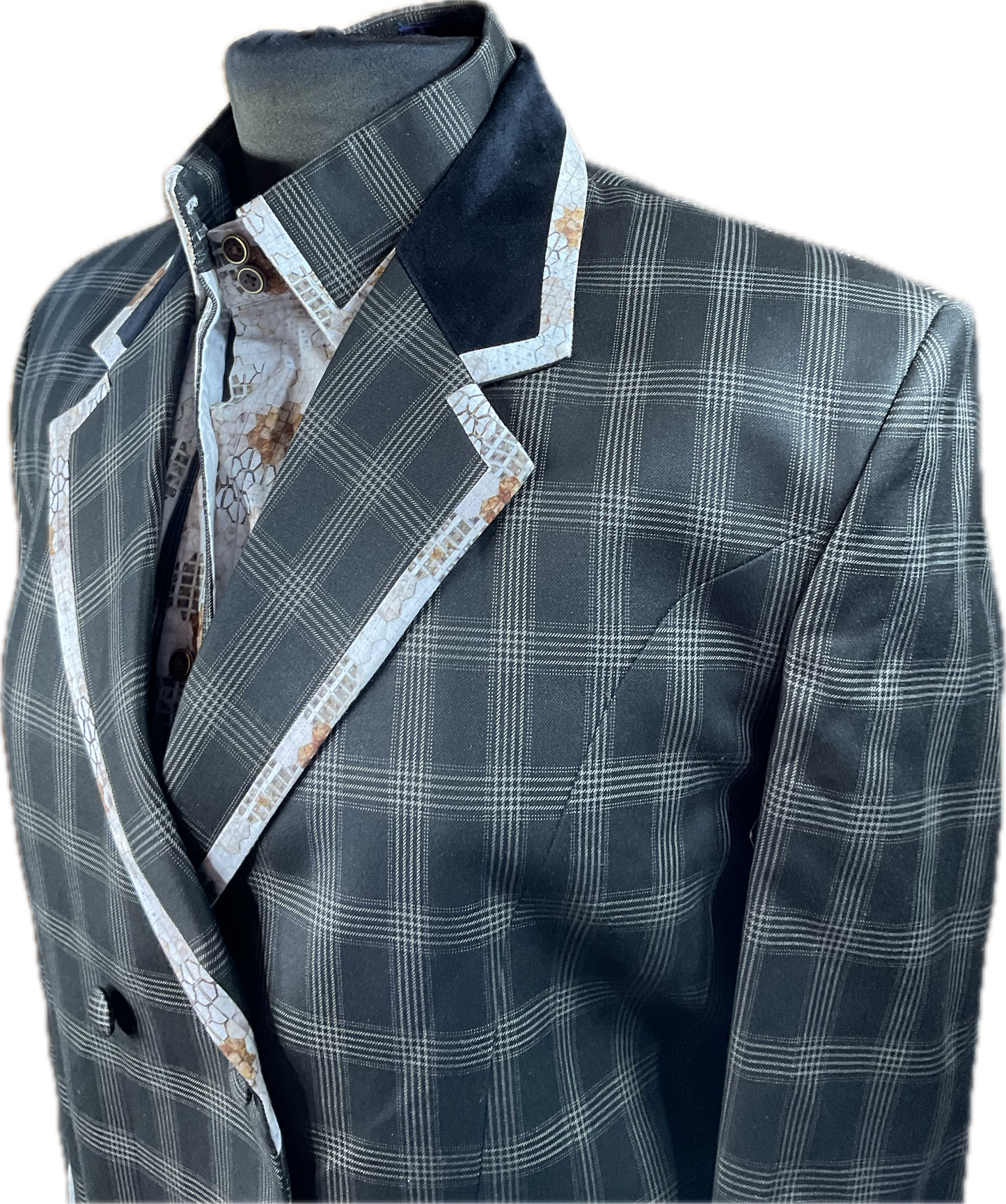 *38 Bust* Brown plaid with matching print trims. Matching shirt. Coat has hidden zippers and shirt has no zipper.