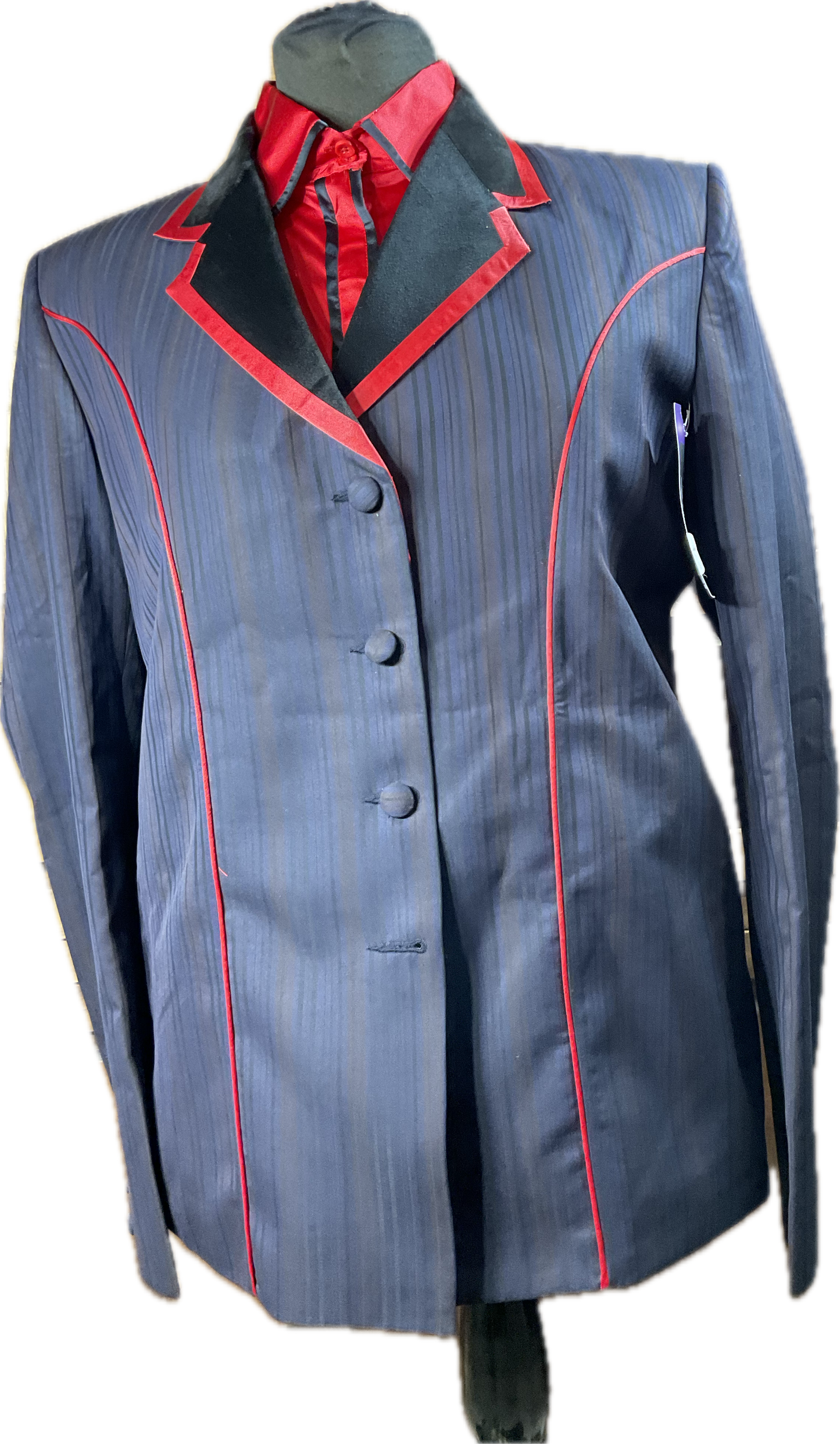 *41 Bust* Black, red and blue pinstripe with matching red shirt with hidden zippers