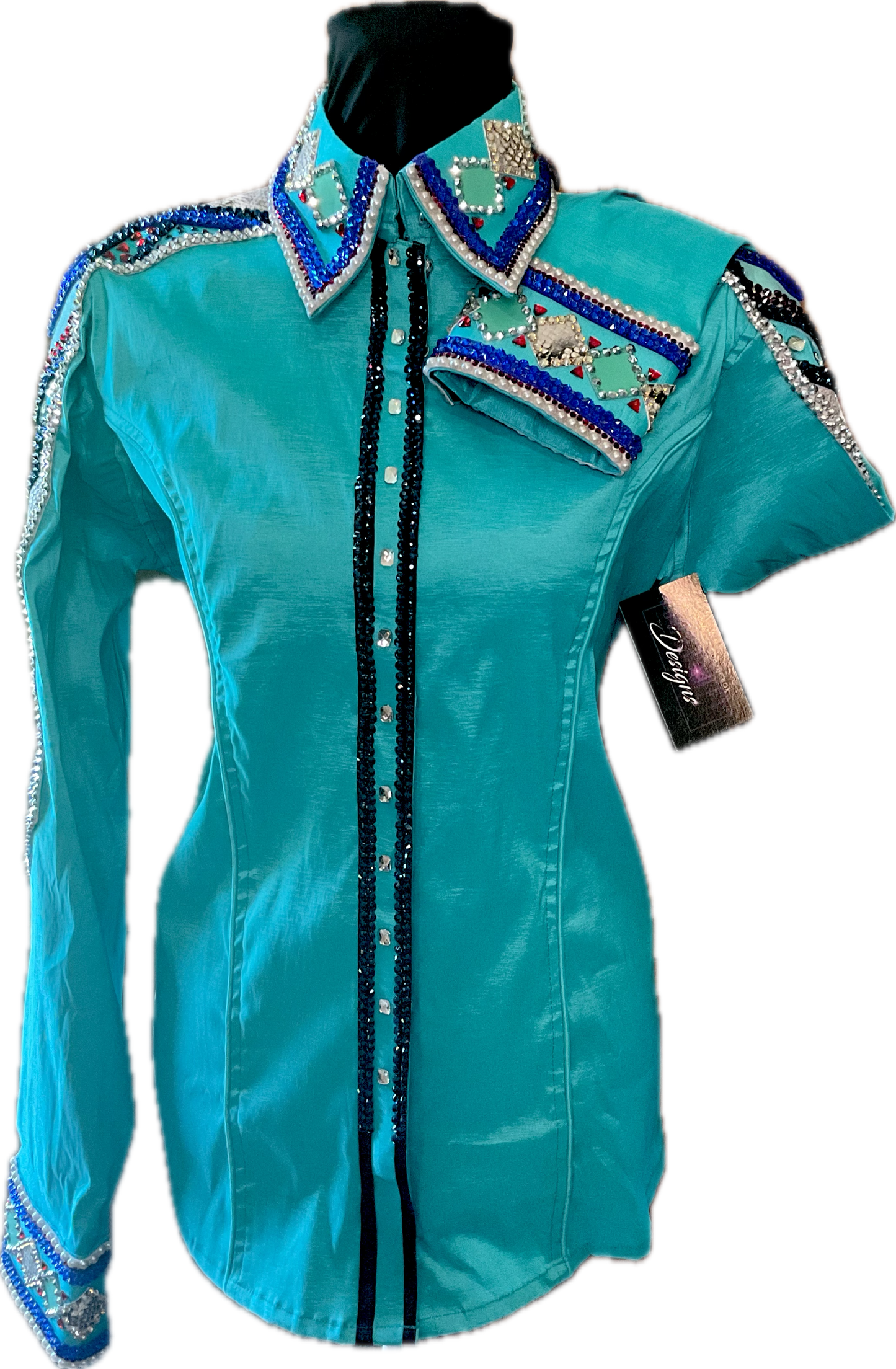 XL Day Shirt Aqua Taffeta with Silver, Metallic, Black and Blue