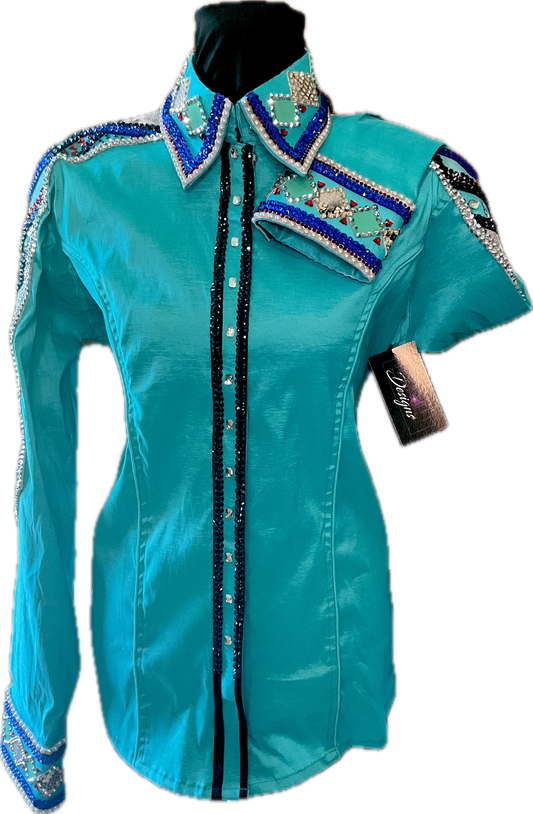 XL Day Shirt Aqua Taffeta with Silver, Metallic, Black and Blue