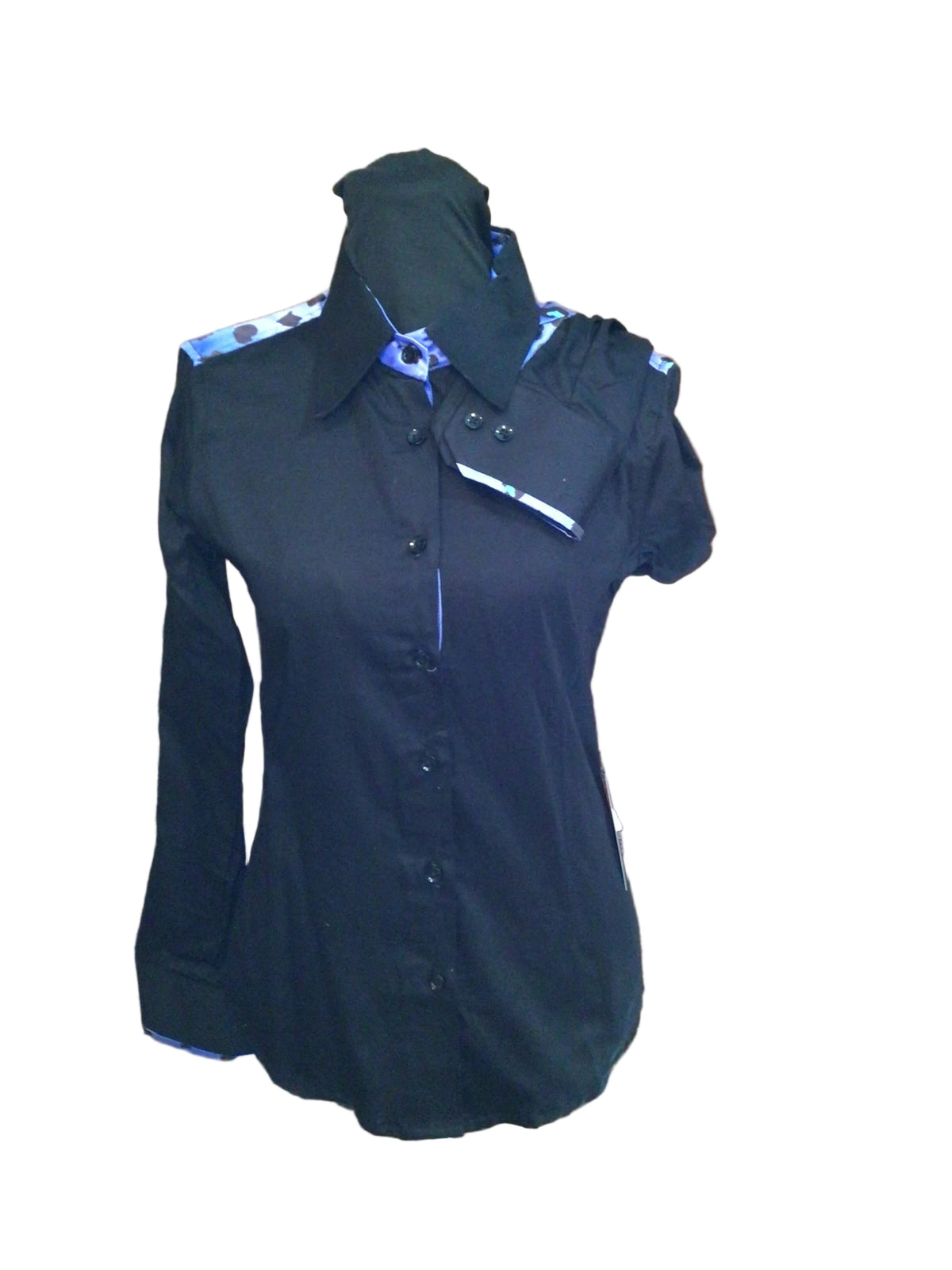 XS Black Cotton Day Shirt with Black and Blue Leopard Print Details