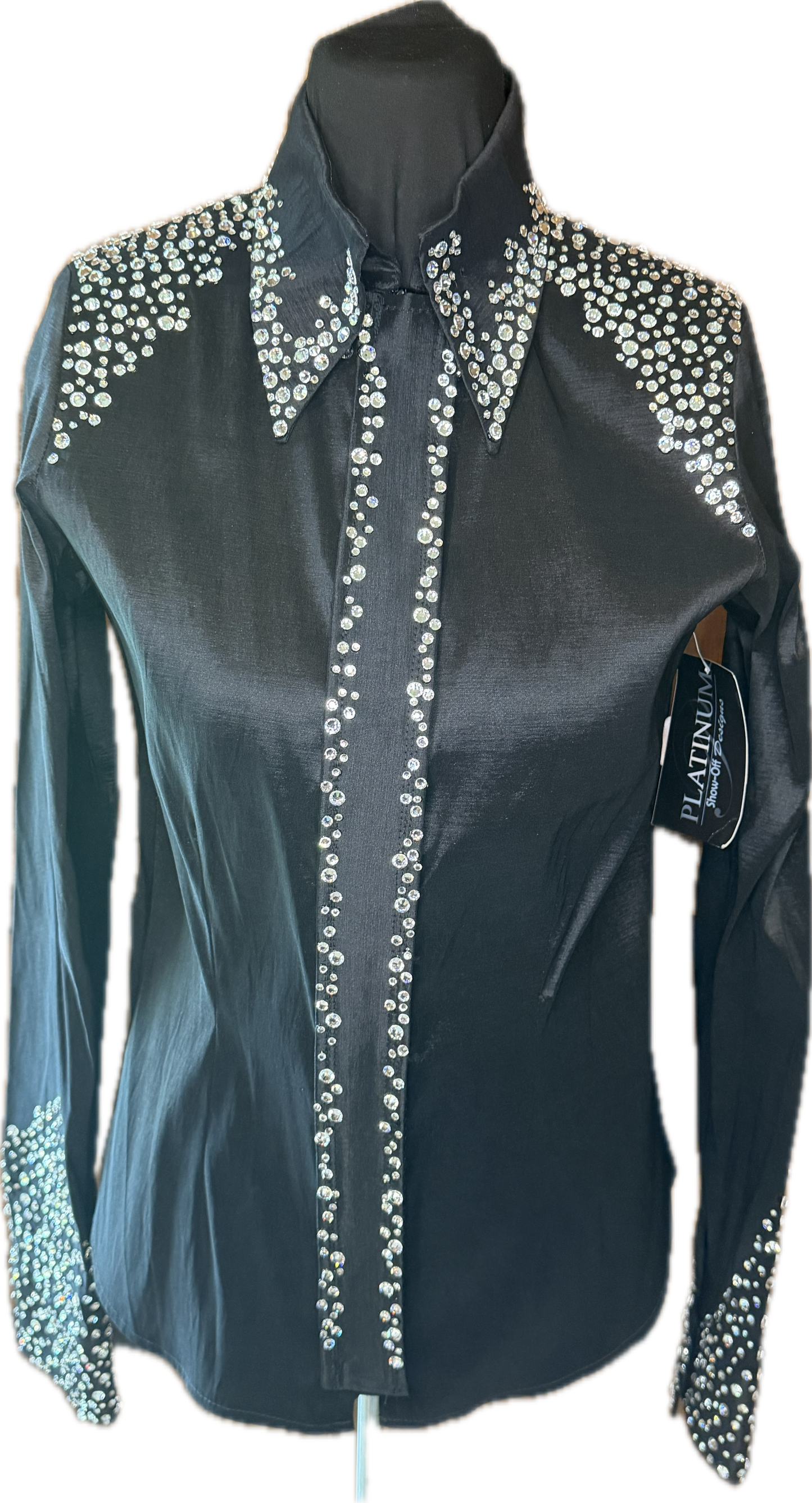 Size small day shirt Black Stretch Taffeta with Clear Crystals