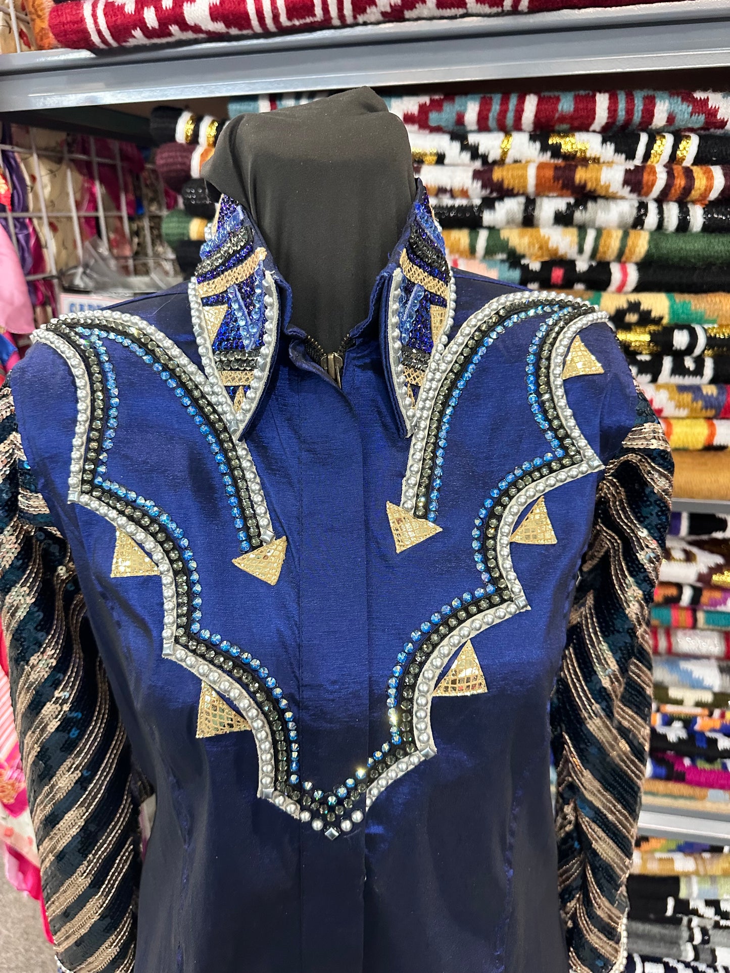 Day Shirt  Size Medium cobalt blue stretch taffeta base with hidden zipper. gold and white accents. Gorgeous sequin sleeves