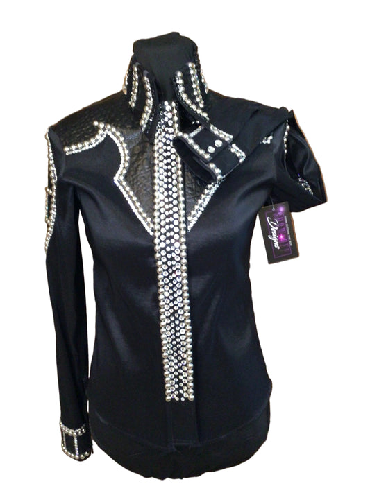 XS Black Stretch Taffeta Day Shirt with Black Leopard Print Details