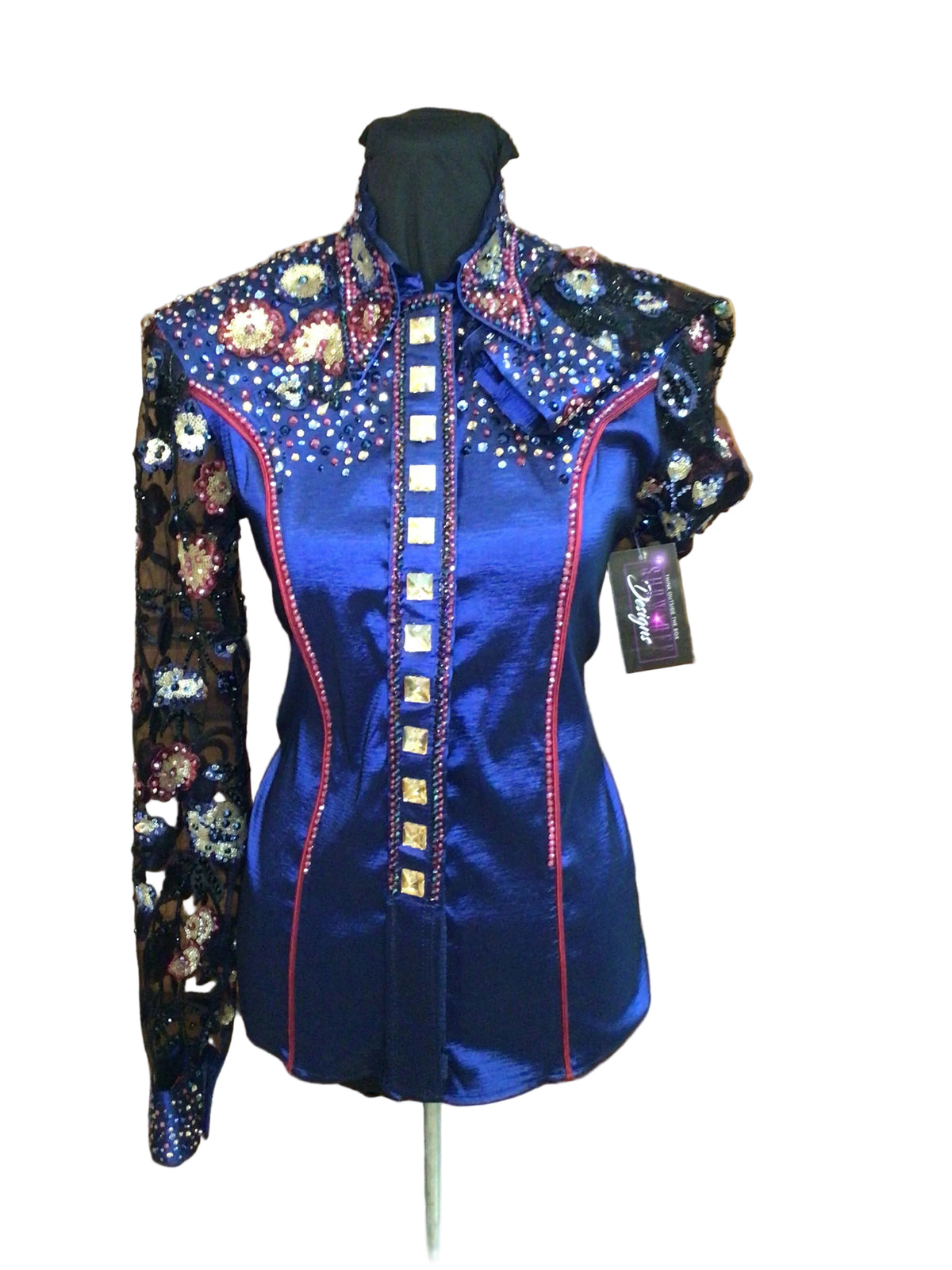Small Navy Blue Stretch Taffeta Day Shirt with Sheer Sleeve Floral Design