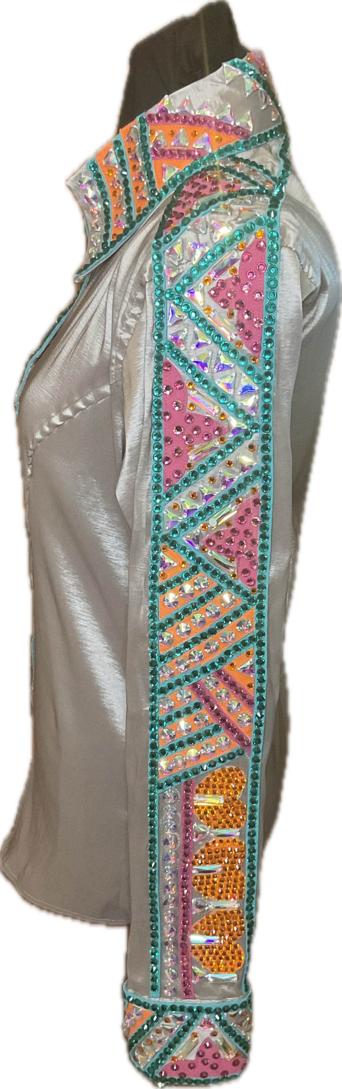 Size Medium Silver Stretch Taffeta Day Shirt with Aqua, Pink, and Orange