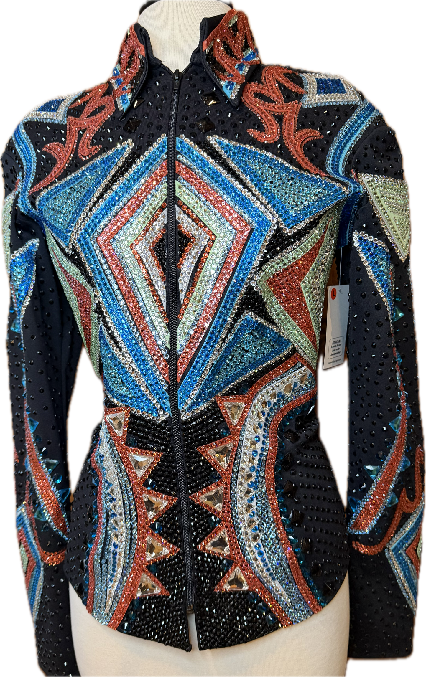 Large Black Showmanship Jacket with Coral, Mint and Aqua Accents